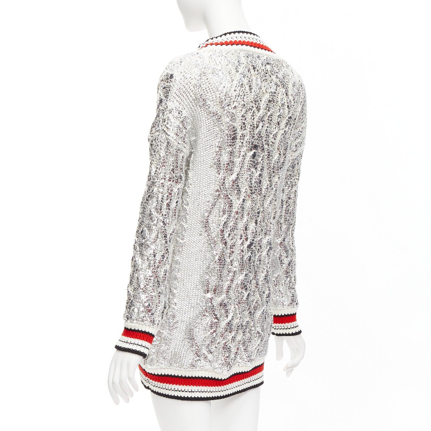 ERMANNO SCERVINO Over Sweatshirt silver foil cotton cable knit cardigan S For Sale 3
