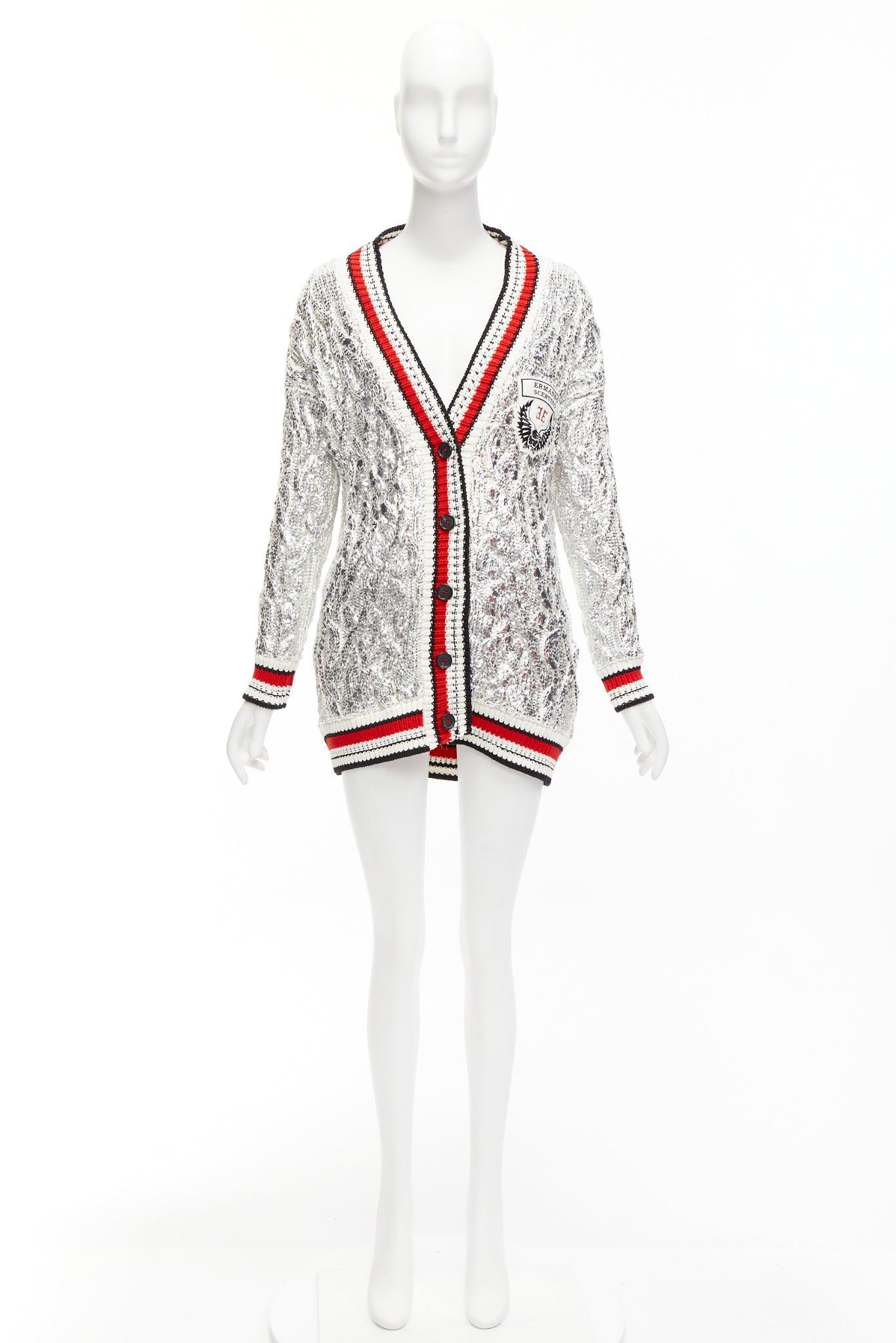 ERMANNO SCERVINO Over Sweatshirt silver foil laminate cotton cable knit cardigan For Sale 5