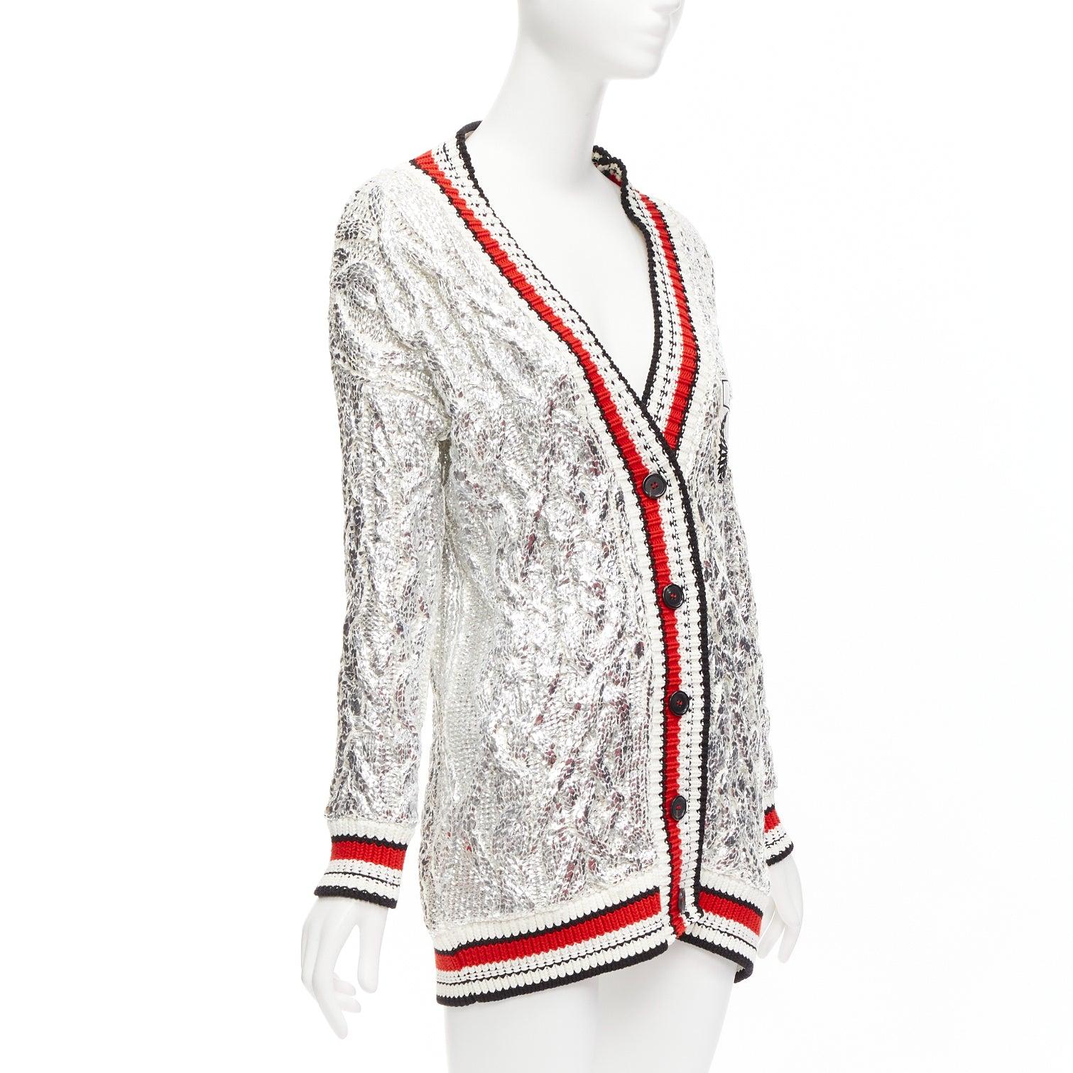 ERMANNO SCERVINO Over Sweatshirt silver foil laminate cotton cable knit cardigan In Excellent Condition For Sale In Hong Kong, NT
