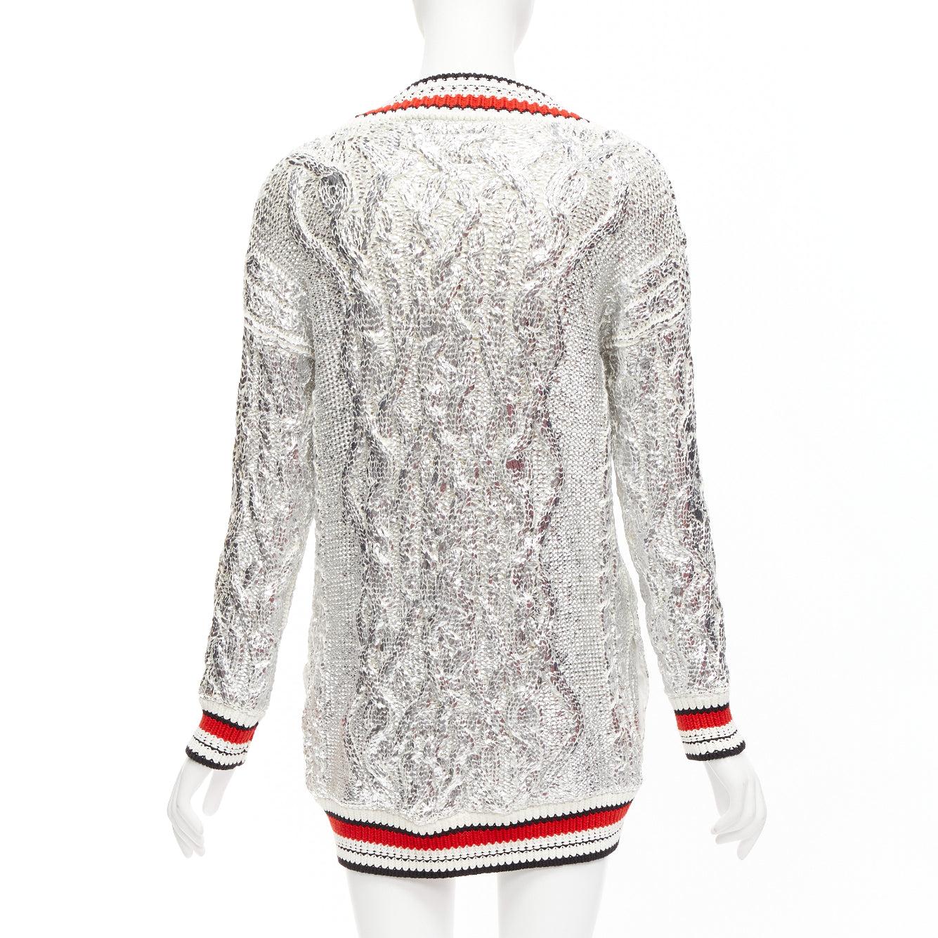 ERMANNO SCERVINO Over Sweatshirt silver foil laminate cotton cable knit cardigan For Sale 1
