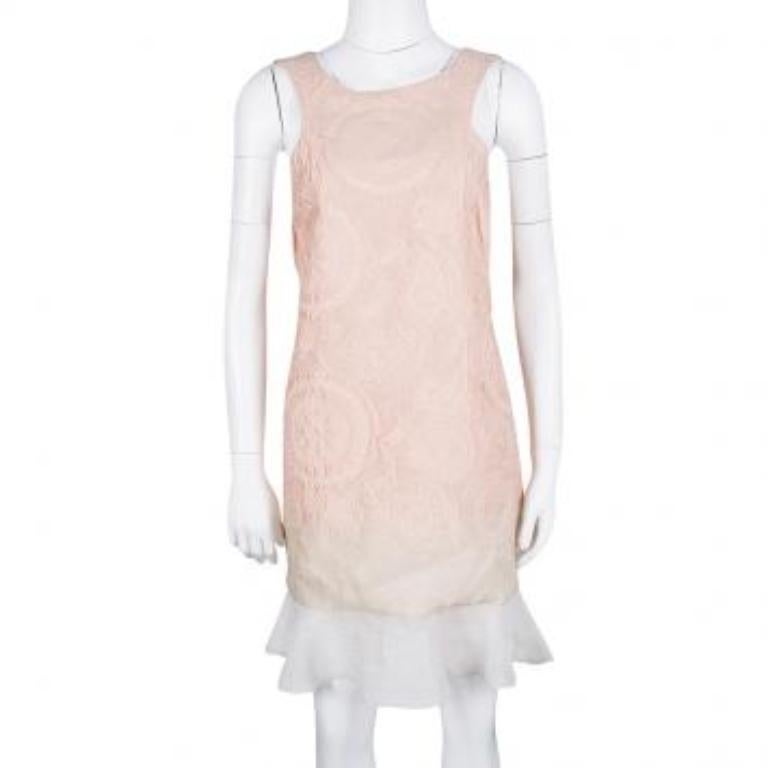 Ermanno Scervino brings you this sweet sleeveless dress that is made from a cotton blend and it is styled with an embossed jacquard all over. The peach ombre dress is finished with ruffles at the bottom.
