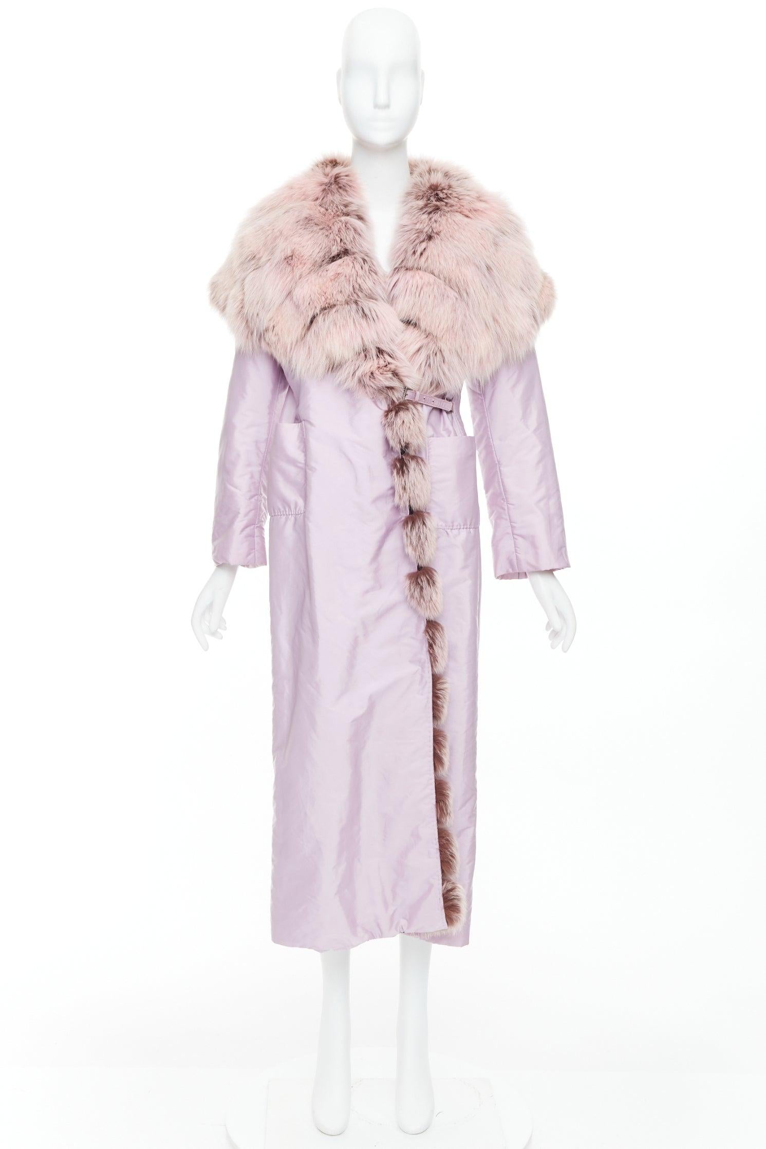 ERMANNO SCERVINO pink fur collar purple nylon wool lined robe coat IT38 XS For Sale 5