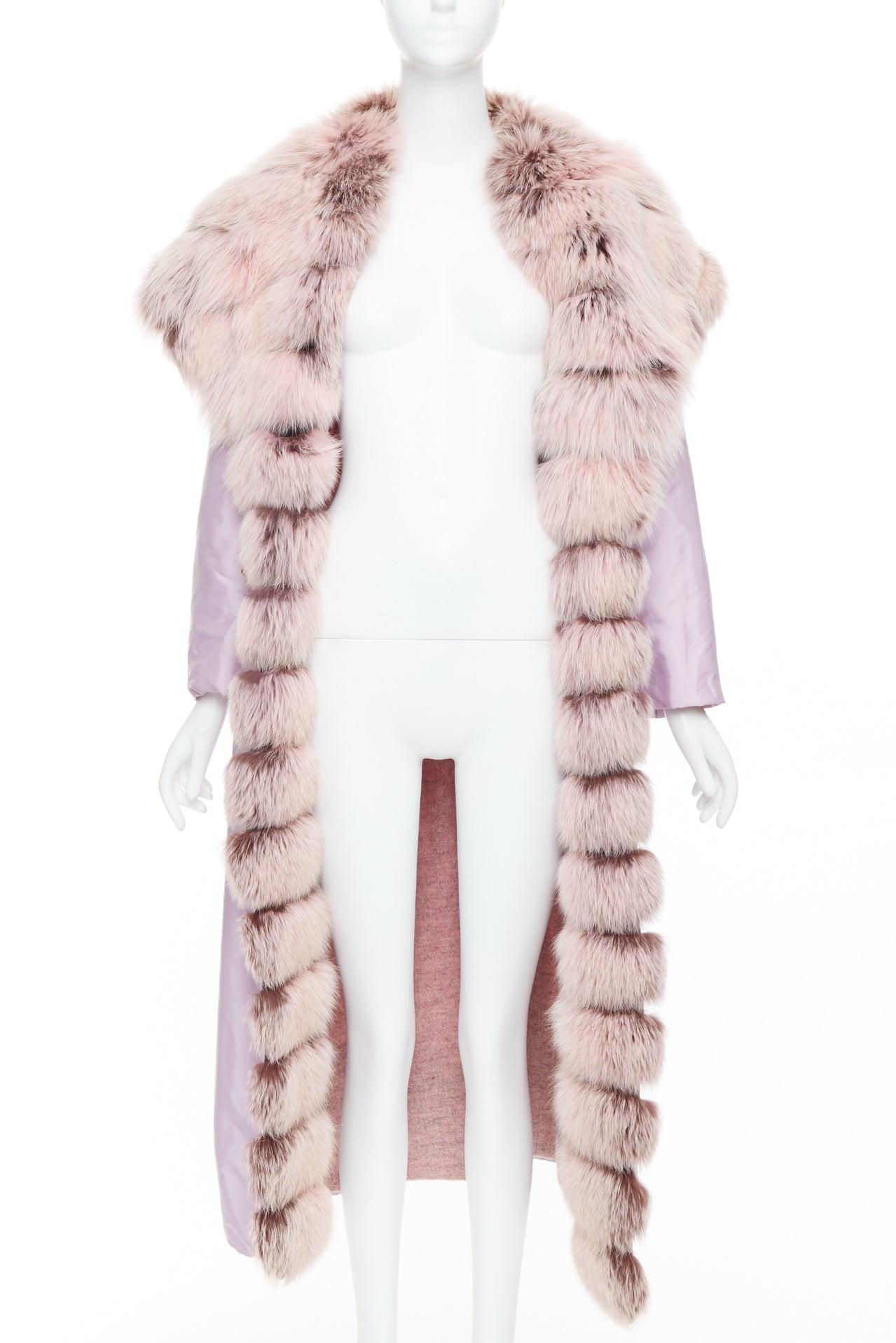Gray ERMANNO SCERVINO pink fur collar purple nylon wool lined robe coat IT38 XS For Sale