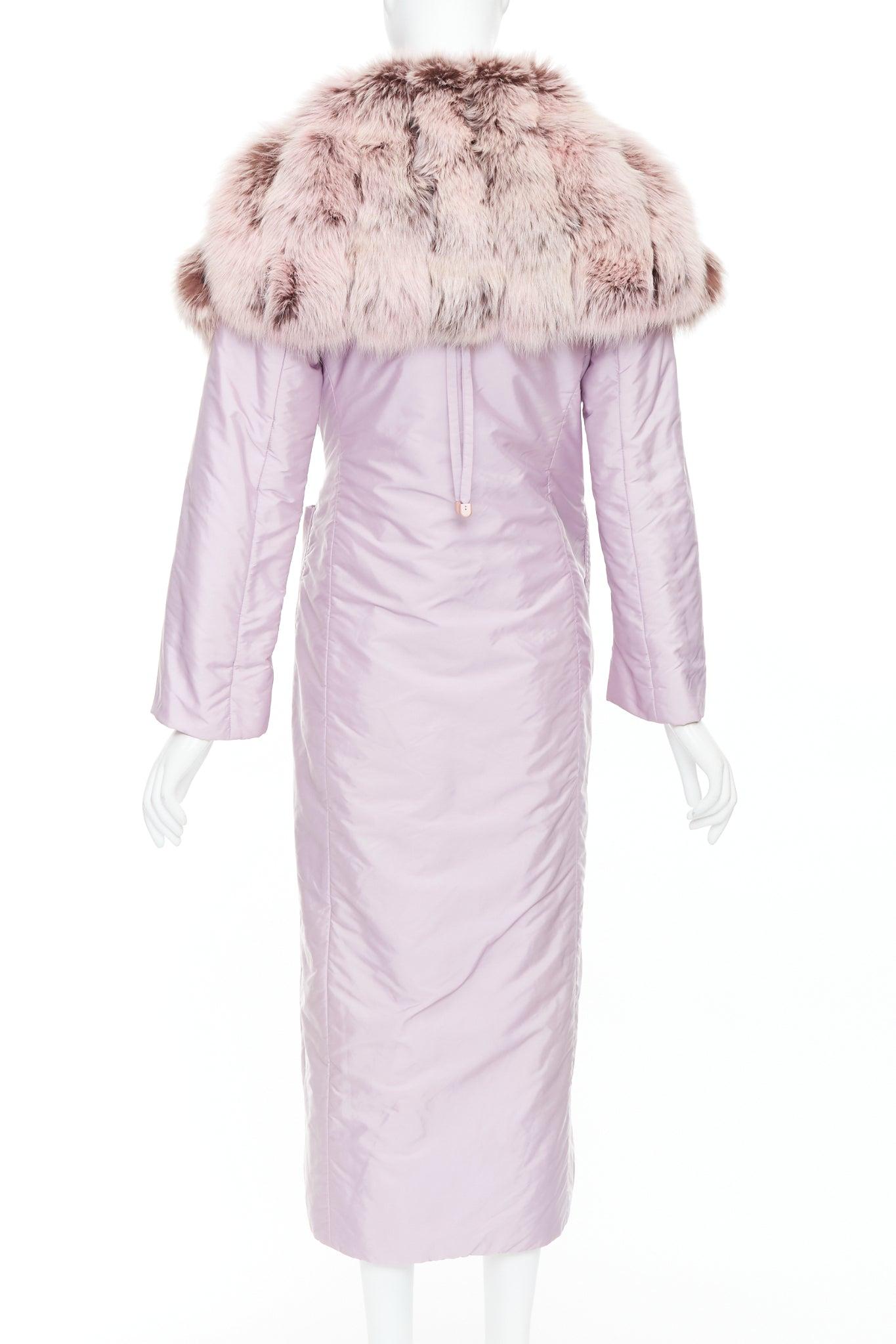 ERMANNO SCERVINO pink fur collar purple nylon wool lined robe coat IT38 XS For Sale 1