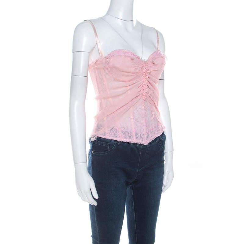 Ermanno Scervino Pink Pleated Silk Frayed Detail Ruffled Corset Top M In Good Condition For Sale In Dubai, Al Qouz 2