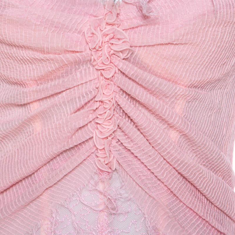 Women's Ermanno Scervino Pink Pleated Silk Frayed Detail Ruffled Corset Top M For Sale