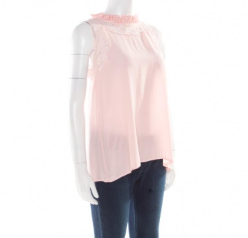 Ermanno Scervino Top sin mangas de encaje floral de seda rosa sorbete M en venta 2