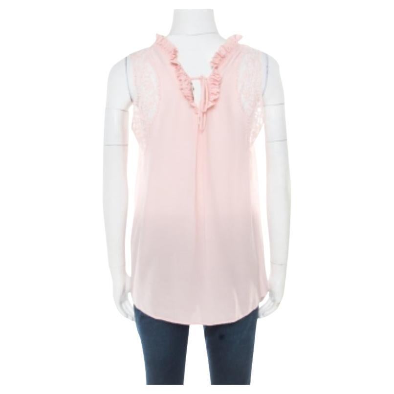 Ermanno Scervino Top sin mangas de encaje floral de seda rosa sorbete M en venta