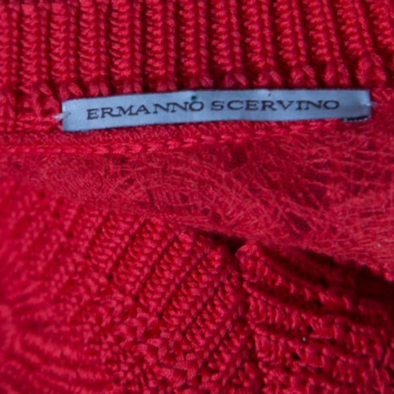 Rouge Ermanno Scervino Red Lace Paneled V Neck Sweater M en vente