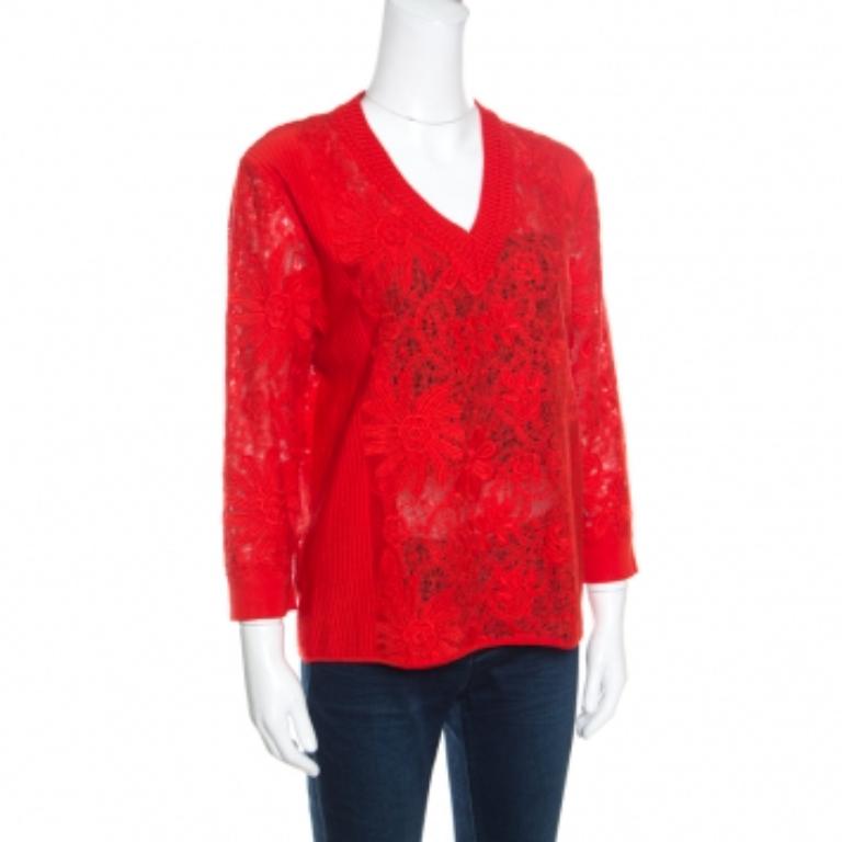 Ermanno Scervino Red Lace Paneled V Neck Sweater M Pour femmes en vente