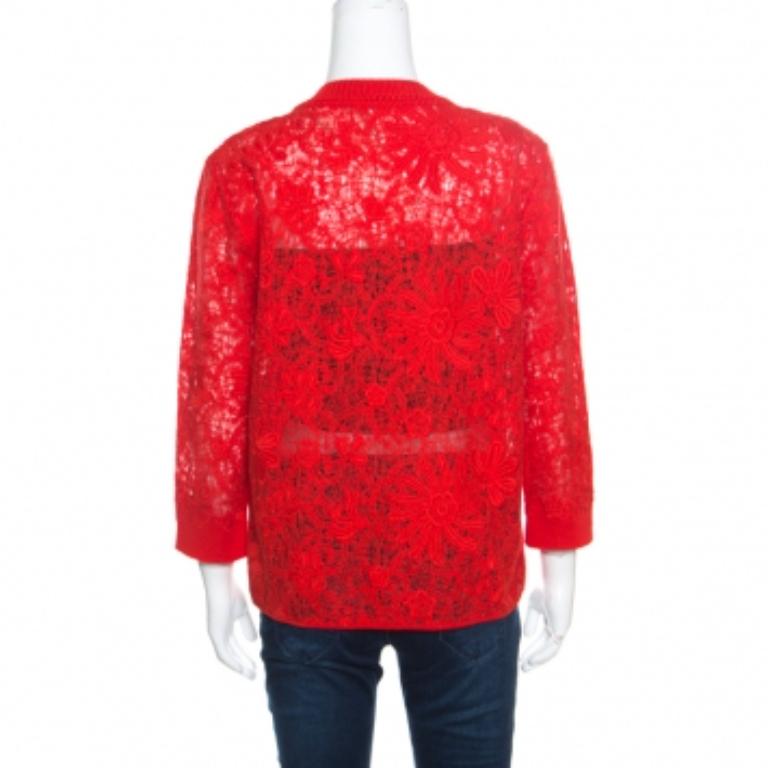 Ermanno Scervino Red Lace Paneled V Neck Sweater M en vente 1