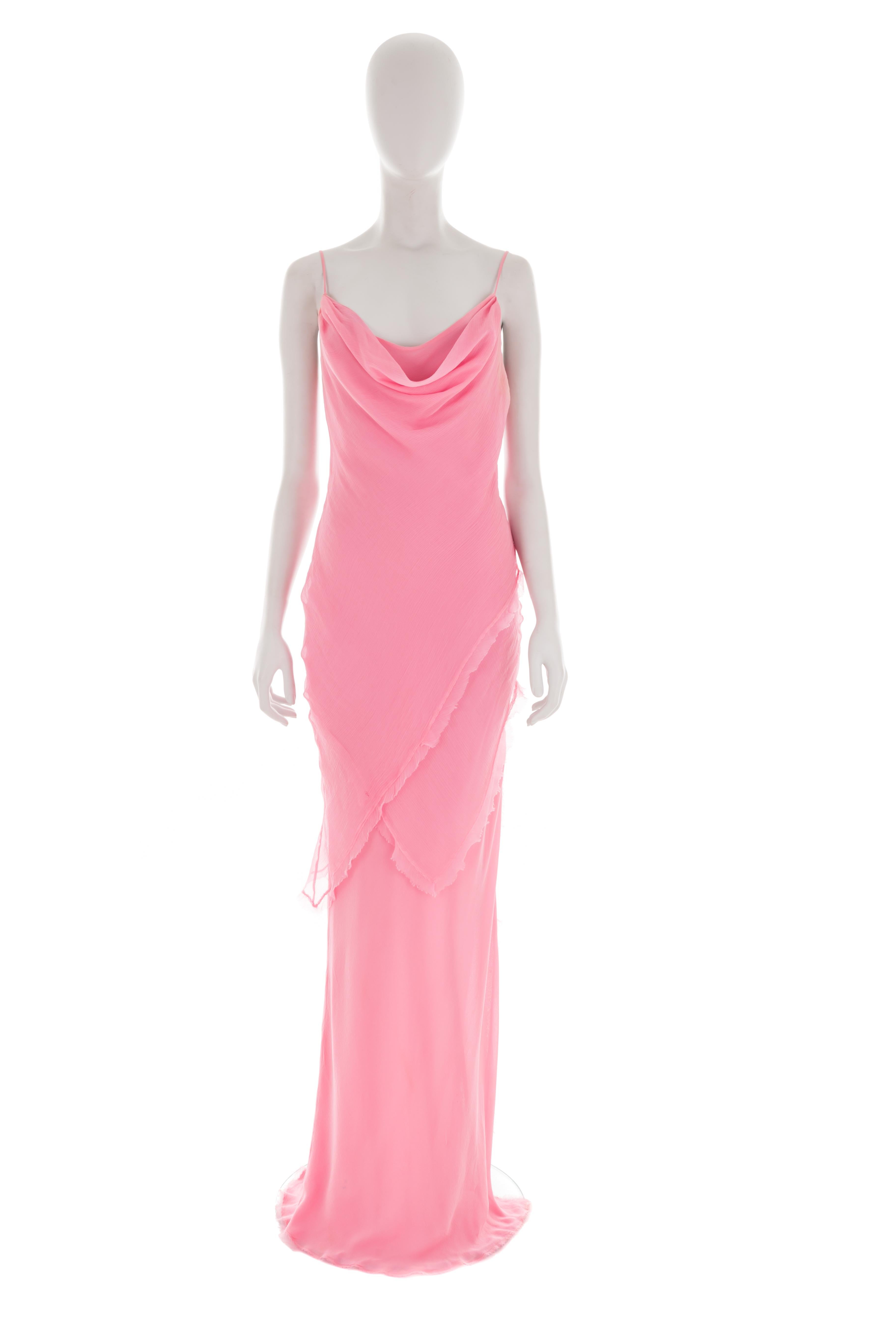- Ermanno Scervino spring-summer 2004 collection 
- Sold by Gold Palms Vintage
- Pink silk chiffon evening dress
- Asymmetric chiffon double panel with frayed hem 
- Cowl neck
- Side slit
- Yellowing in both underarm areas
- Small hole in the front
