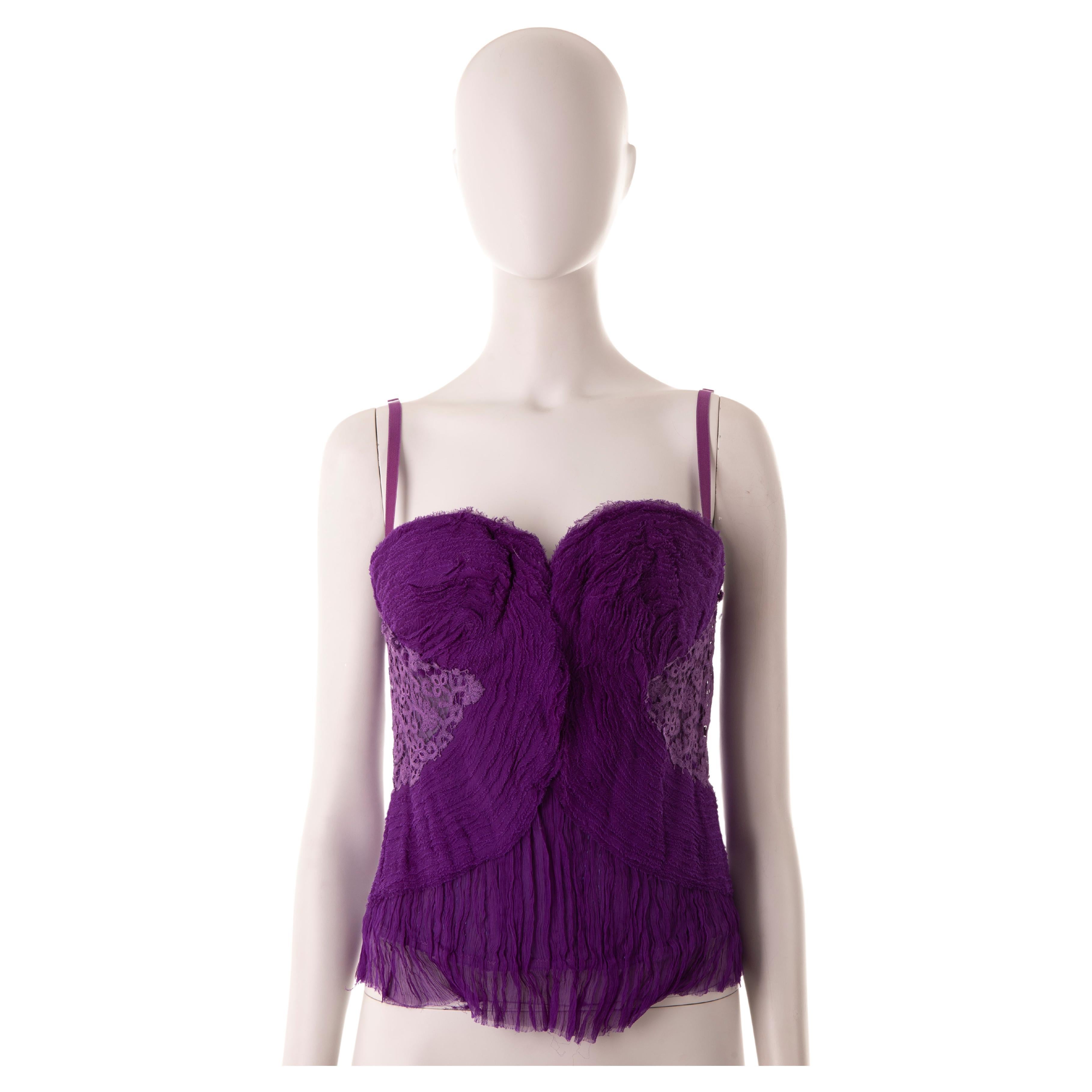 - Multi-panel corset
- Purple ruched silk chiffon and lace
- Hooks fastening on the back