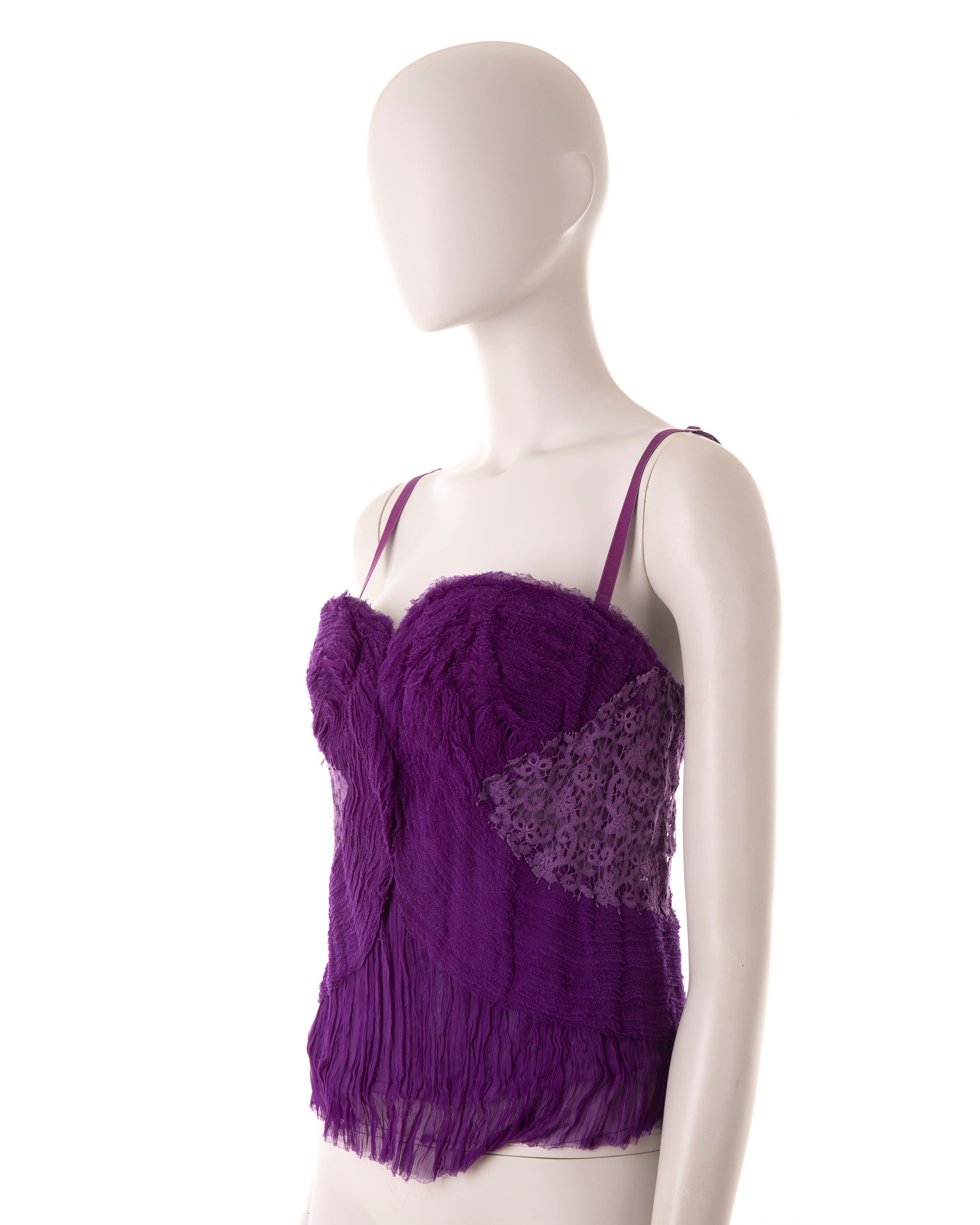 Violet Ermanno Scervino S/S 2006 - Corset en mousseline de soie ruchée et dentelle pourpre en vente