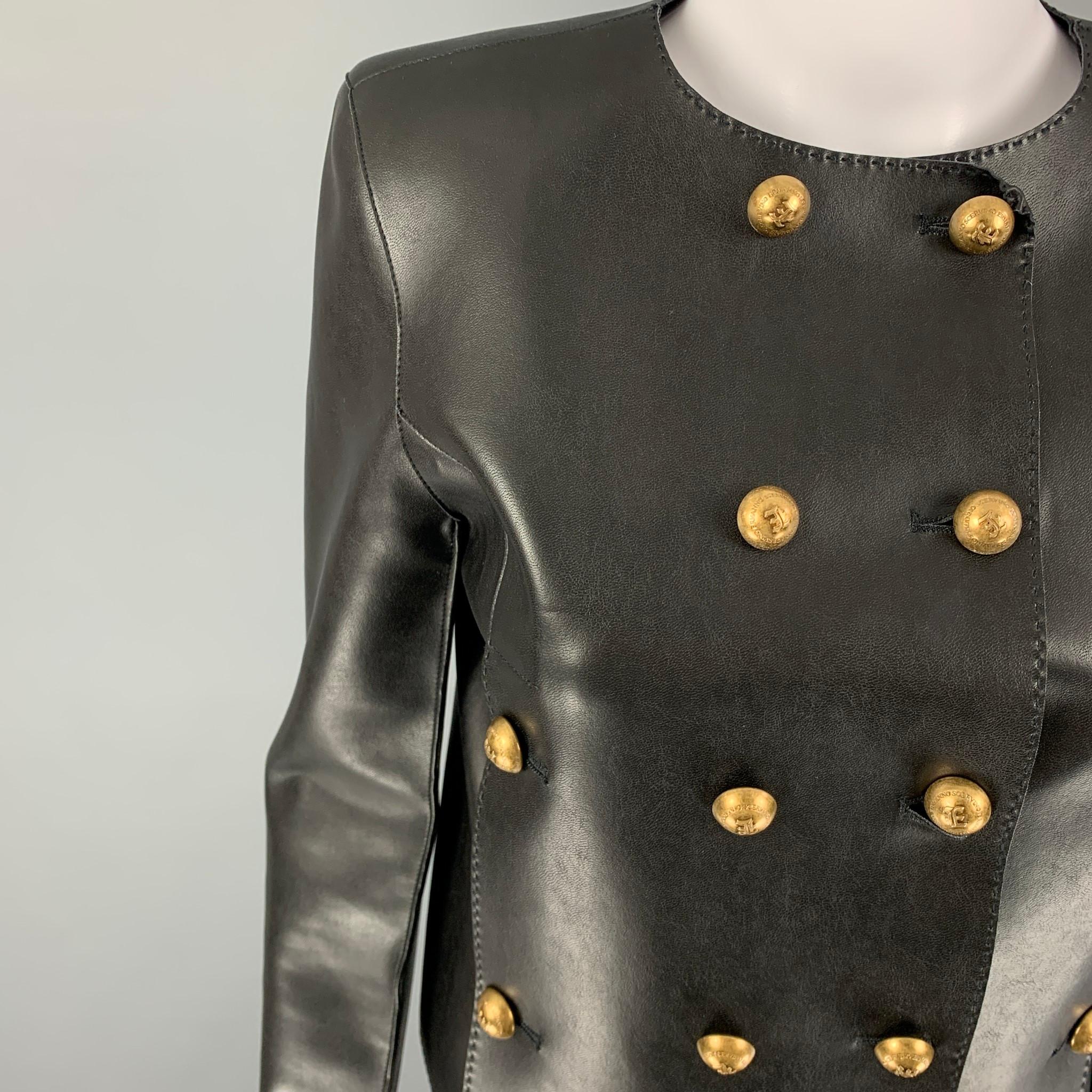 ERMANNO SCERVINO jacket comes in a black polyamide faux leather featuring a military style, collarless, gold tone buttons, and a double breasted closure. 

New with tags. 
Marked: 38

Measurements:

Shoulder: 15 in.
Bust: 34 in.
Sleeve: 24.5