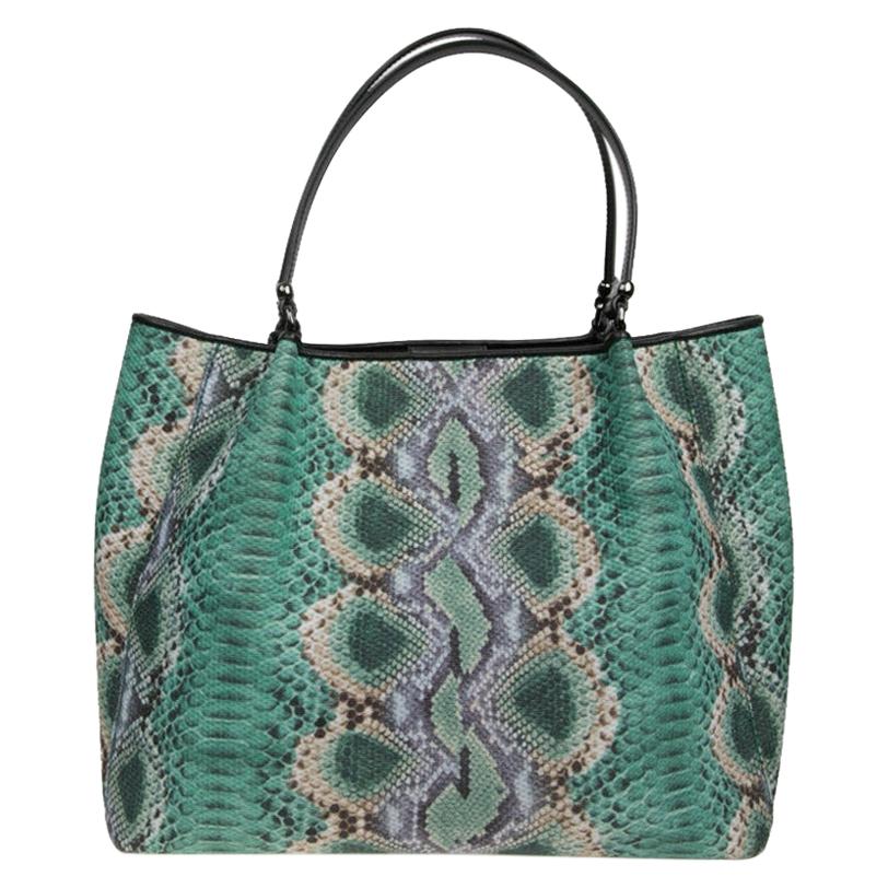 Ermanno Scervino Tote Bag in Python-style Green Canvas For Sale