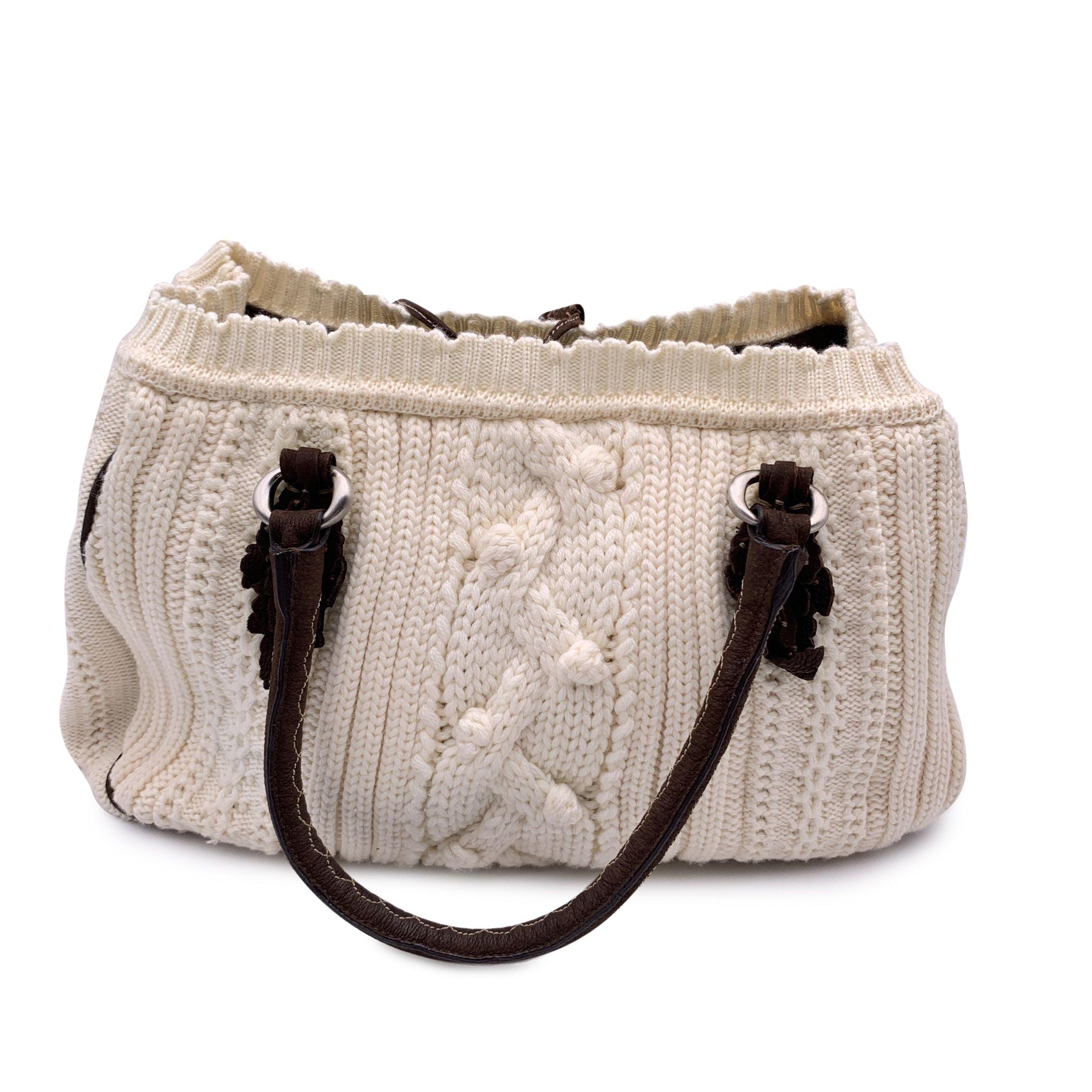 Beige Ermanno Scervino White Brown Wool Knit Tote Shoulder Bag For Sale