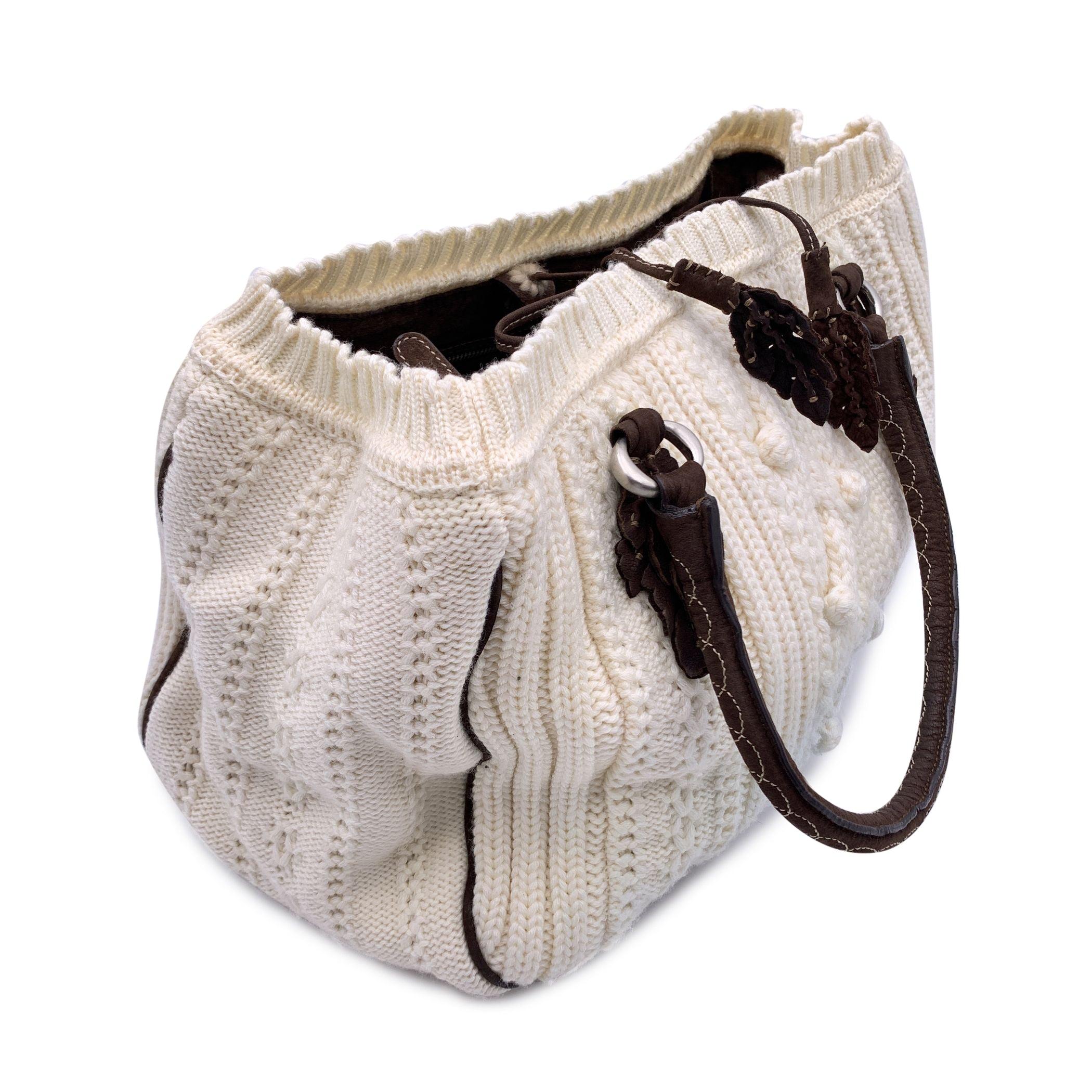 Ermanno Scervino White Brown Wool Knit Tote Shoulder Bag In Good Condition For Sale In Rome, Rome