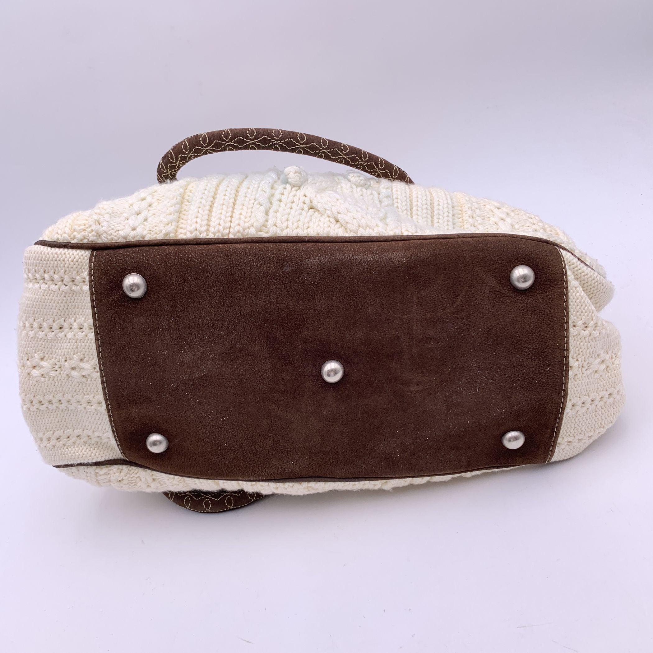 Women's Ermanno Scervino White Brown Wool Knit Tote Shoulder Bag For Sale