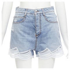 ERMANNO SCERVINO pantaloncini in denim lavato blu con decorazioni in pizzo bianche IT40 S. White