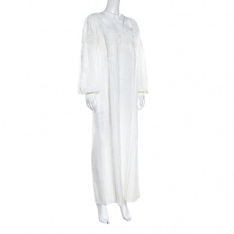 Ermanno Scervino Weißes langärmeliges Ramie-Kleid mit Blumenstickerei und Spitzeneinsatz und langen Ärmeln, M (Grau) im Angebot