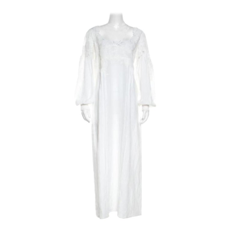 Ermanno Scervino Blanco Floral Bordado Encaje Sobrepuesto Vestido Ramie Manga Larga M