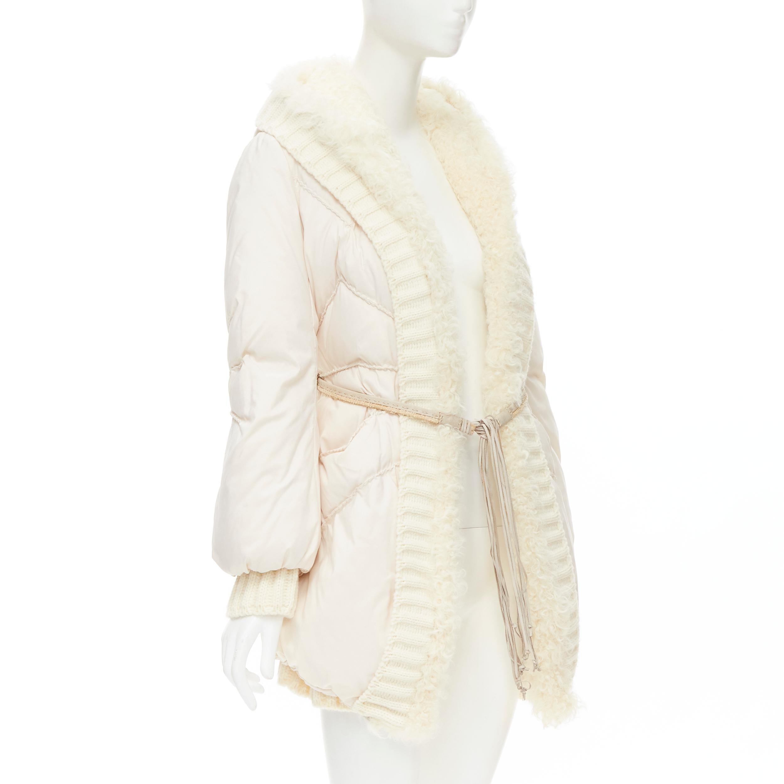 White ERMANNO SCERVINO white shearling knit collar belted down puffer coat IT38 XS
