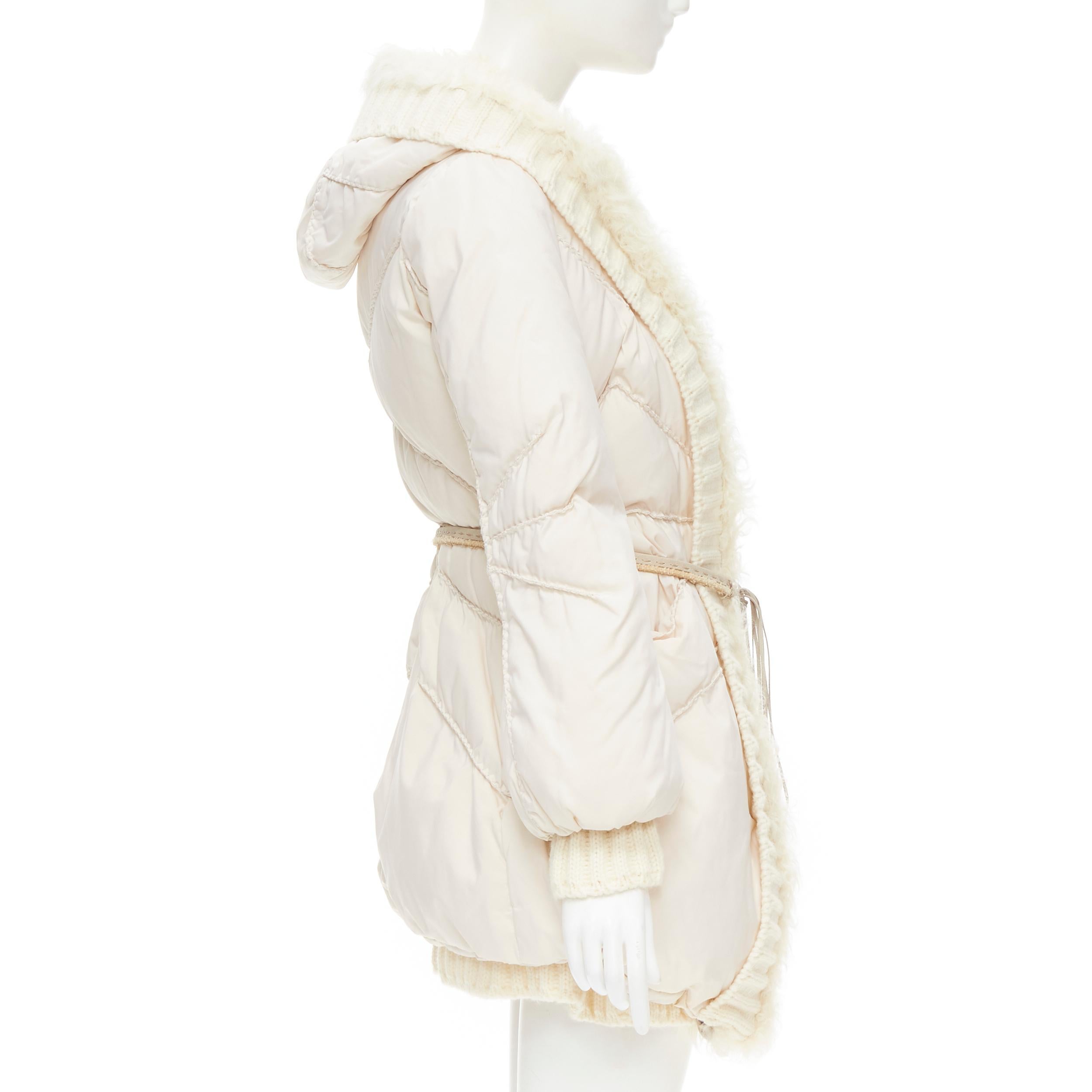 ERMANNO SCERVINO white shearling knit collar belted down puffer coat IT38 XS In Excellent Condition In Hong Kong, NT