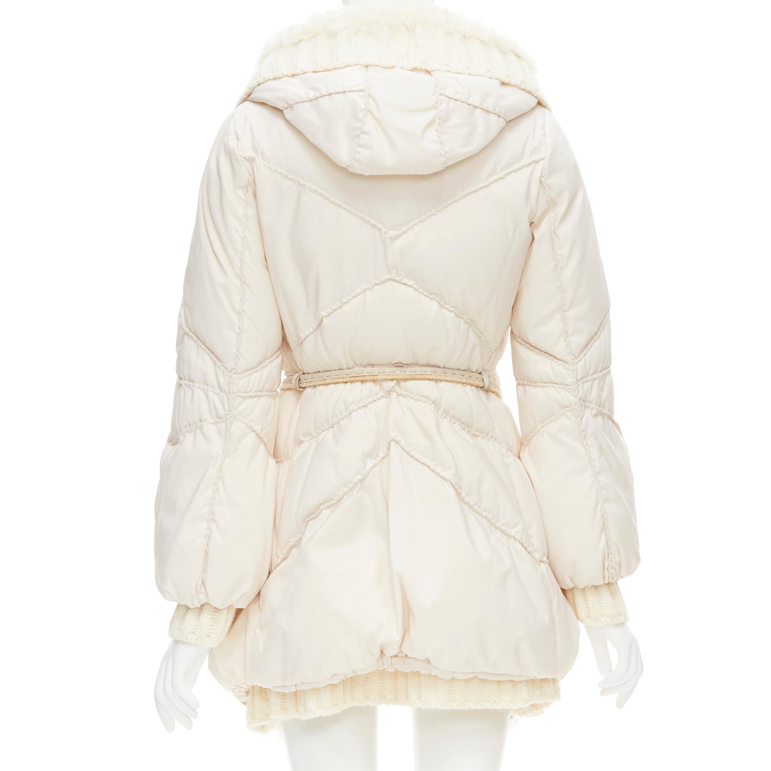 Women's ERMANNO SCERVINO white shearling knit collar belted down puffer coat IT38 XS