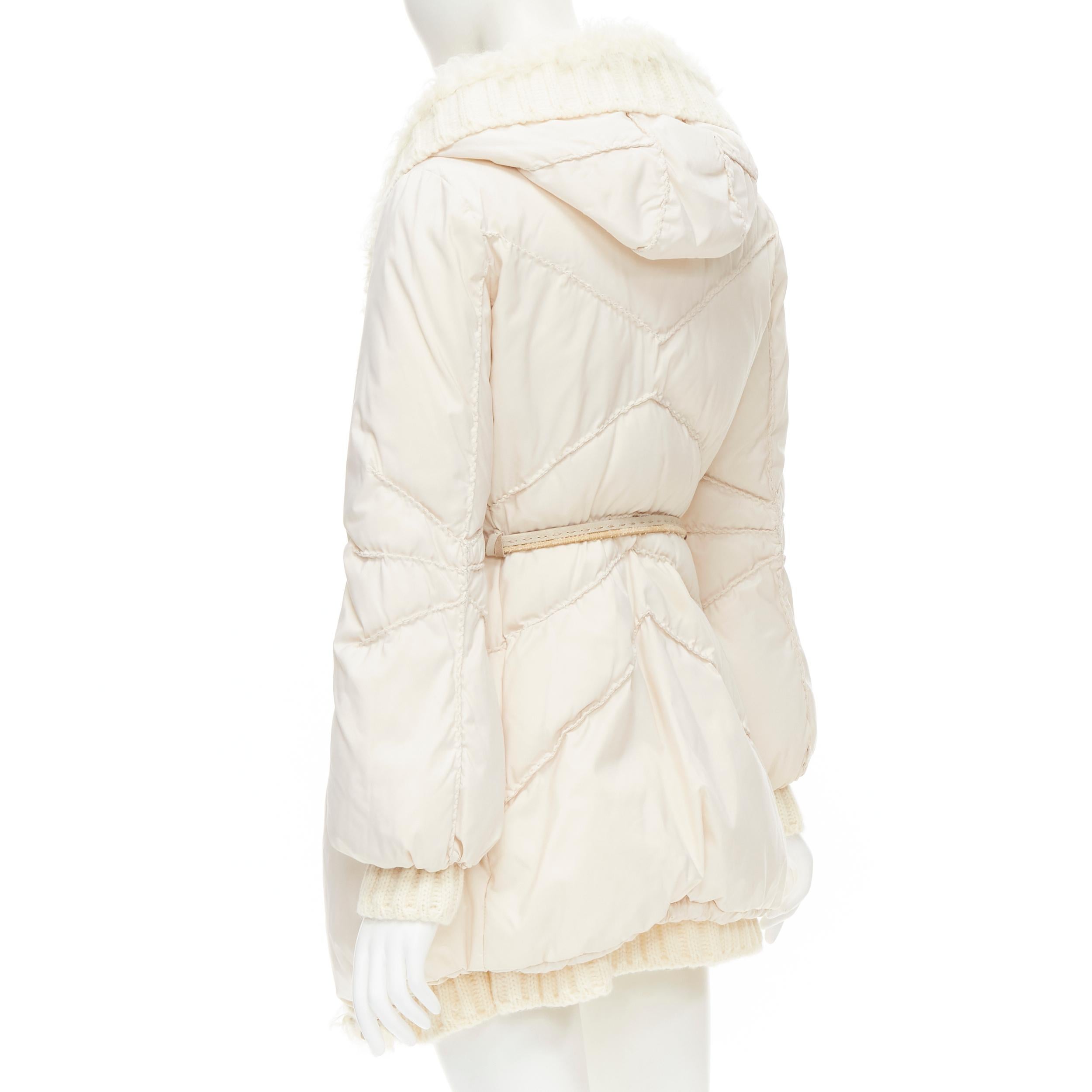 ERMANNO SCERVINO white shearling knit collar belted down puffer coat IT38 XS 1