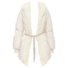 ERMANNO SCERVINO white shearling knit collar belted down puffer coat IT38 XS