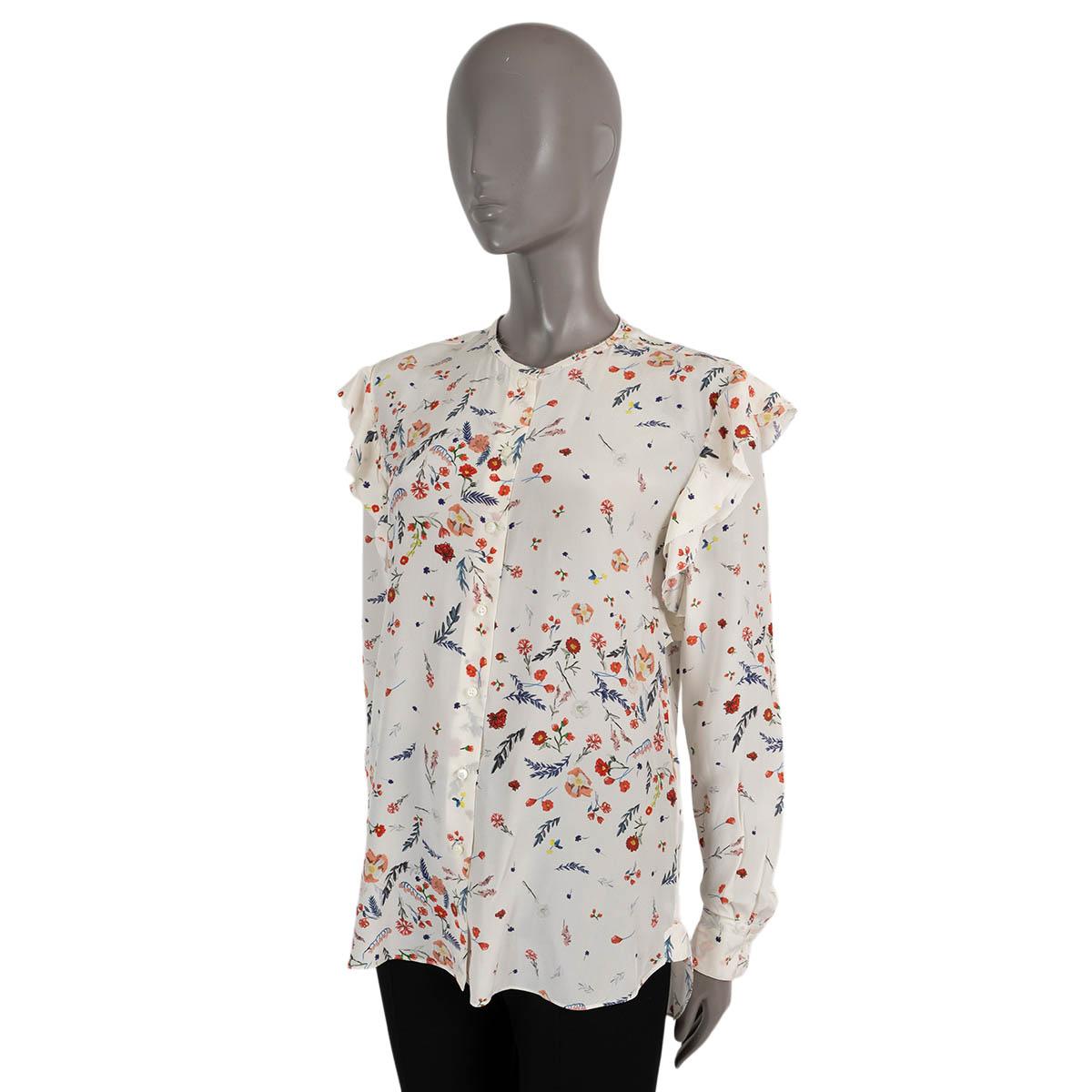 100% authentic Ermanno Scervino floral blouse in white silk (100%). Features ruffled shoulders and a round neck. Opens with buttons down the front. Unlined. Has been worn and is in excellent condition.

Measurements
Tag Size	42
Size	M
Shoulder