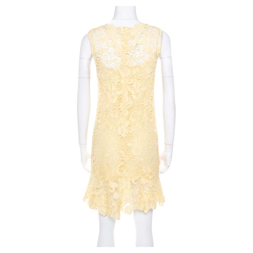 Ermanno Scervino Yellow Guipure Lace Sleeveless Flounce Dress S