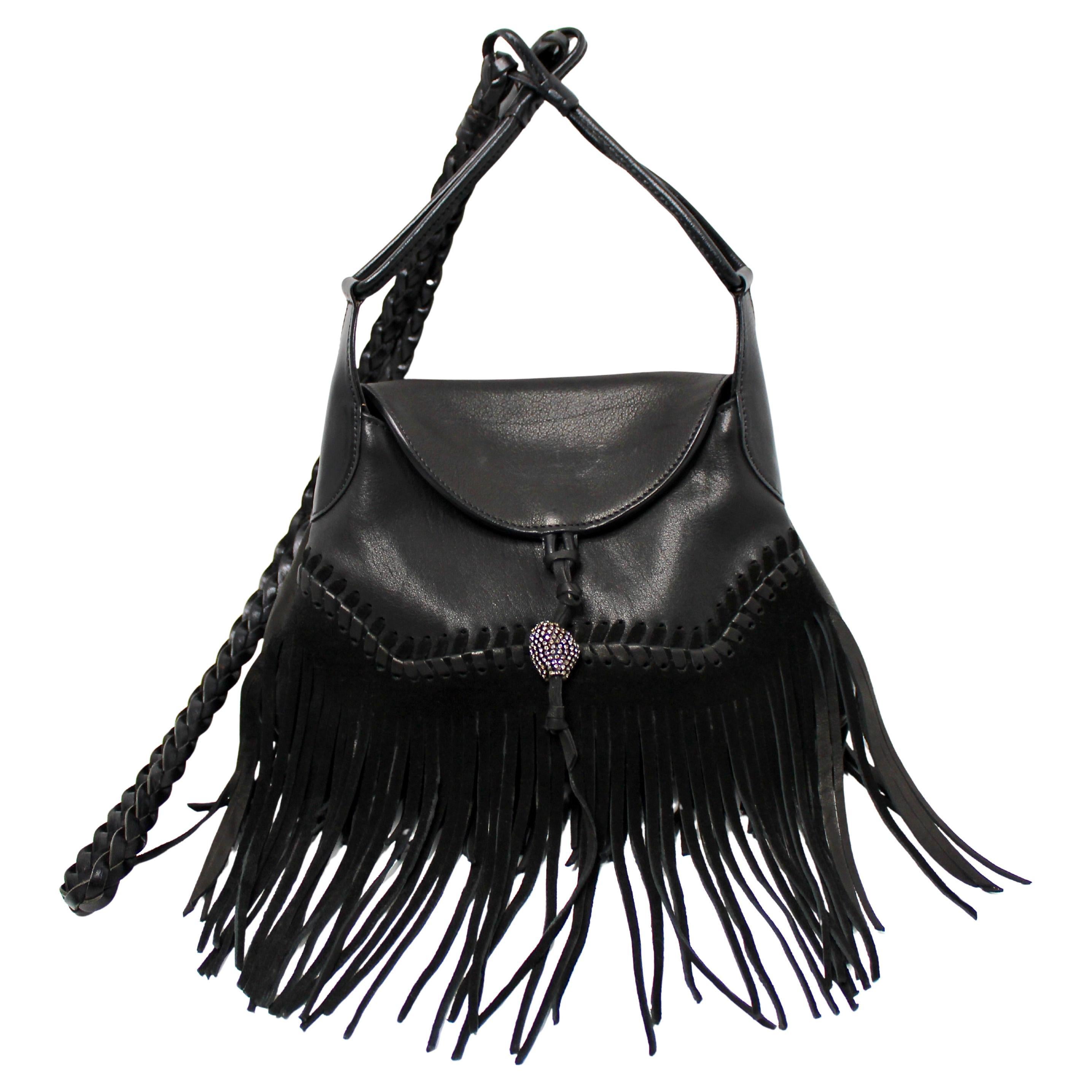 Ermanno Screvino Black Leather 
Suede Fringe Shoulder Bag For Sale