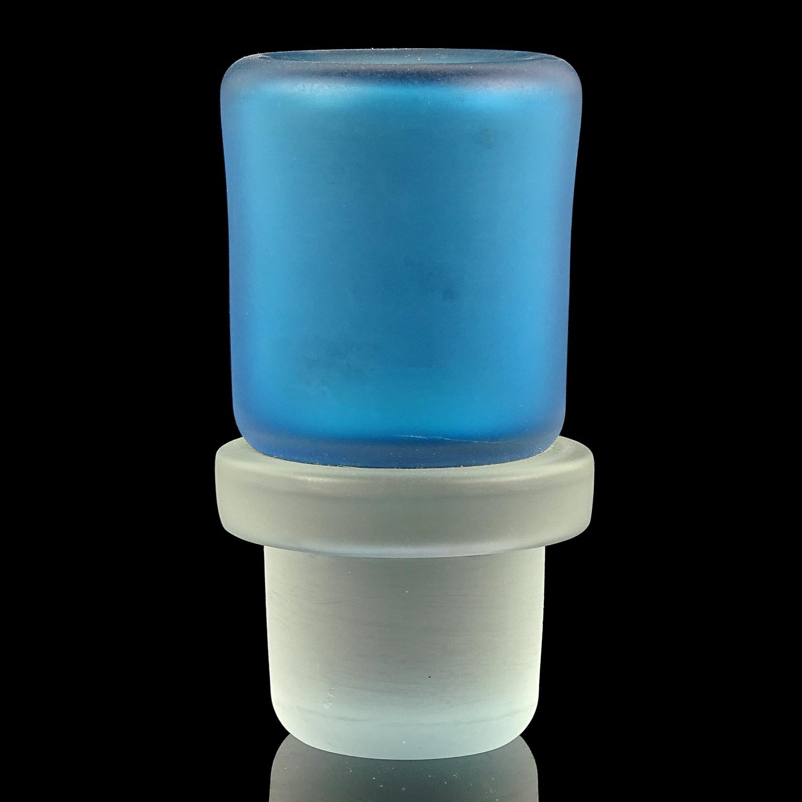 Mid-Century Modern Ermanno Toso Murano Satin Surface Blue Canes Pentoni Italian Art Glass Decanter For Sale