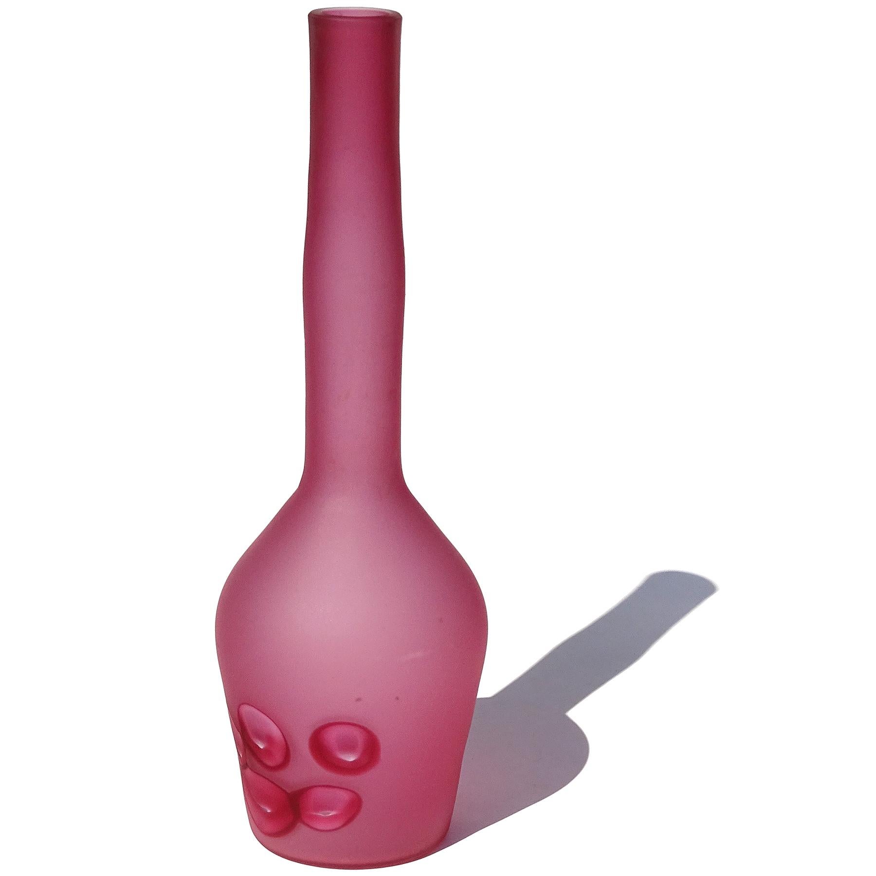 Beautiful and rare, vintage Murano hand blown dark pink satin surface and cut murrines Italian art glass flower vase / bottle. Documented to designer Ermanno Toso, for the Fratelli Toso company. The vase is created in the 