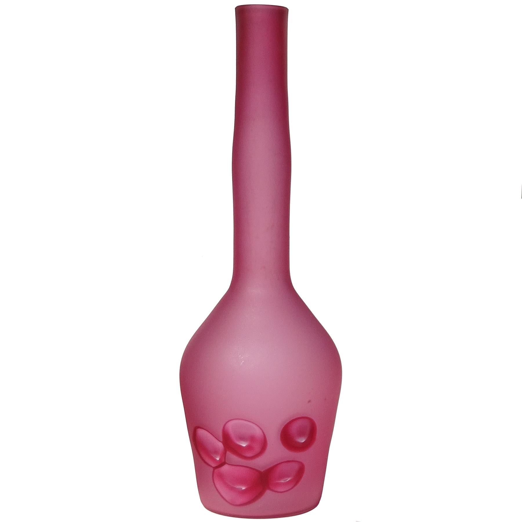 Ermanno Toso Murano Satin Surface Pink Canes Pentoni Italian Art Glass Vase For Sale