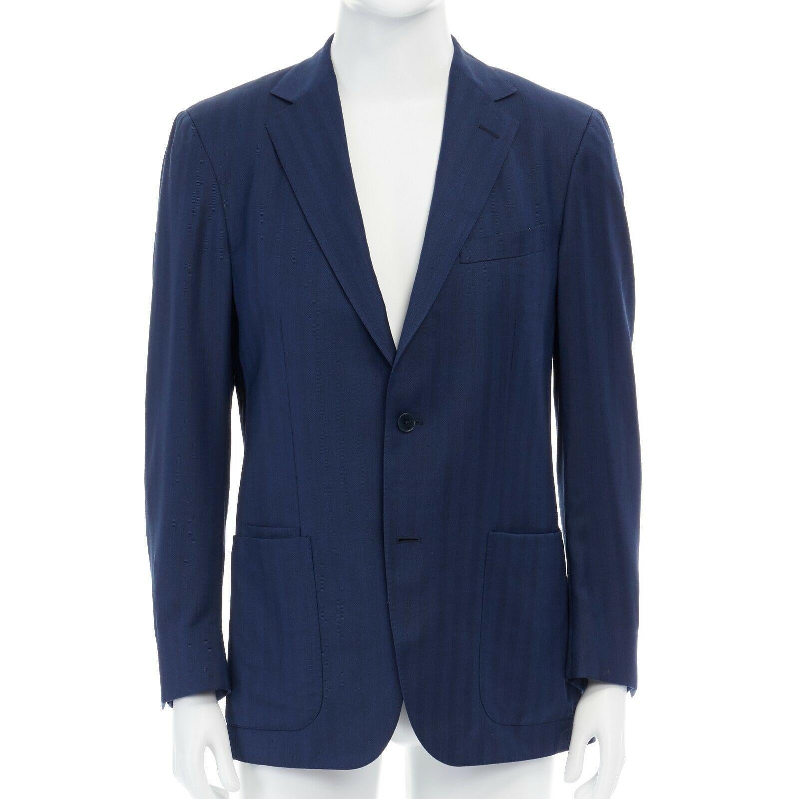 ERMENEGILDO ZEGNA 10 pocket jacket blue wool silk travel blazer jacket 50R L

ERMENEGILDO ZEGNA
Rayon, cupro. Dark blue. Tonal stripe pattern. Notched lapel. Dual button front closure. Lightly padded shoulder. Long sleeves. 4-button cuff. Dual back