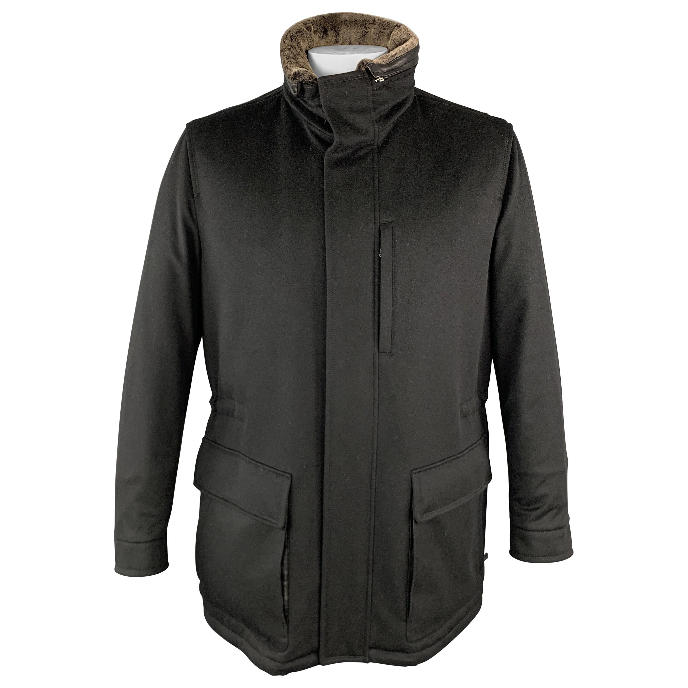 ERMENEGILDO ZEGNA 40 Black Cashmere Faux Fur Collar Detachable Hood Coat