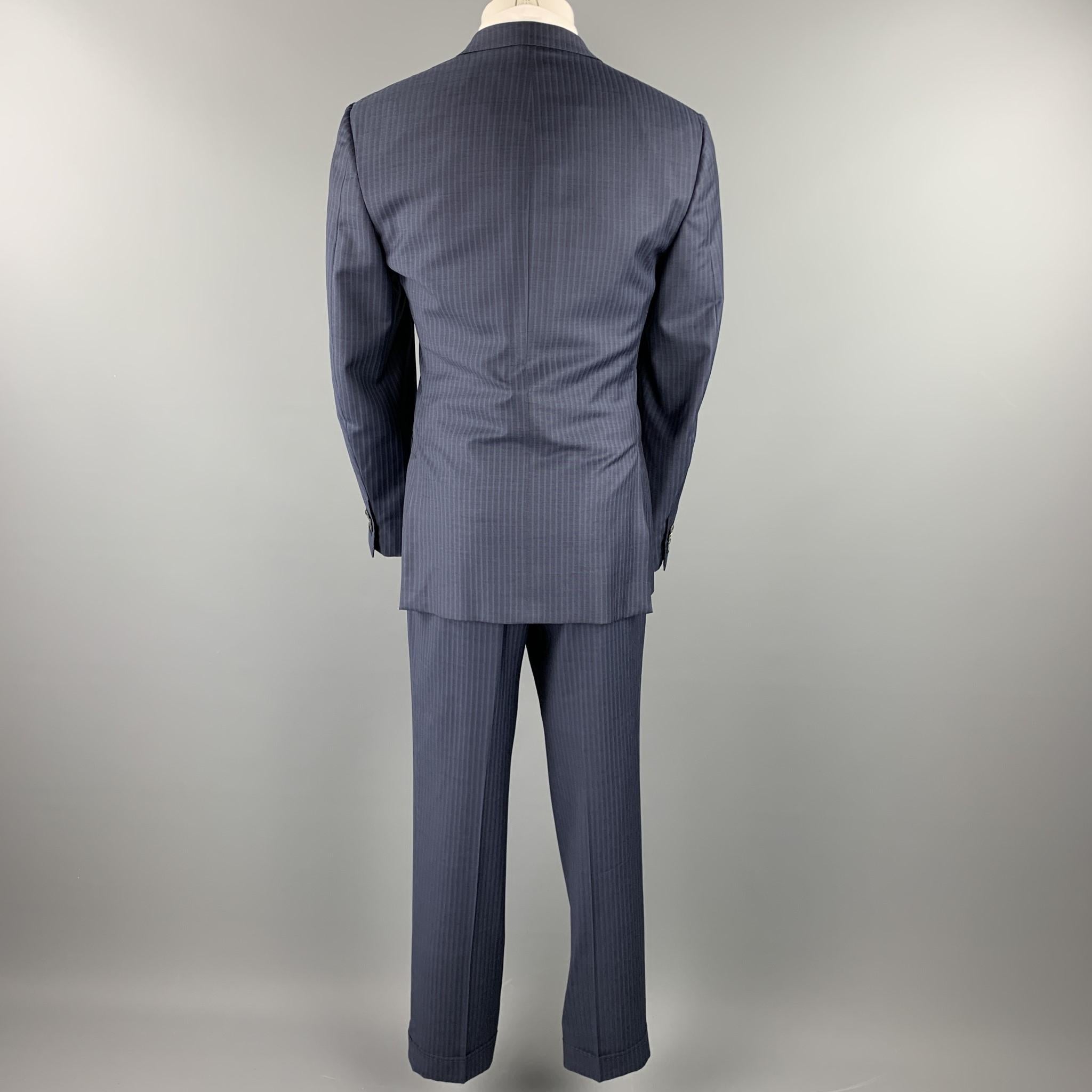 Black ERMENEGILDO ZEGNA 40 Regular Navy Stripe Wool Notch Lapel 3 Piece Suit