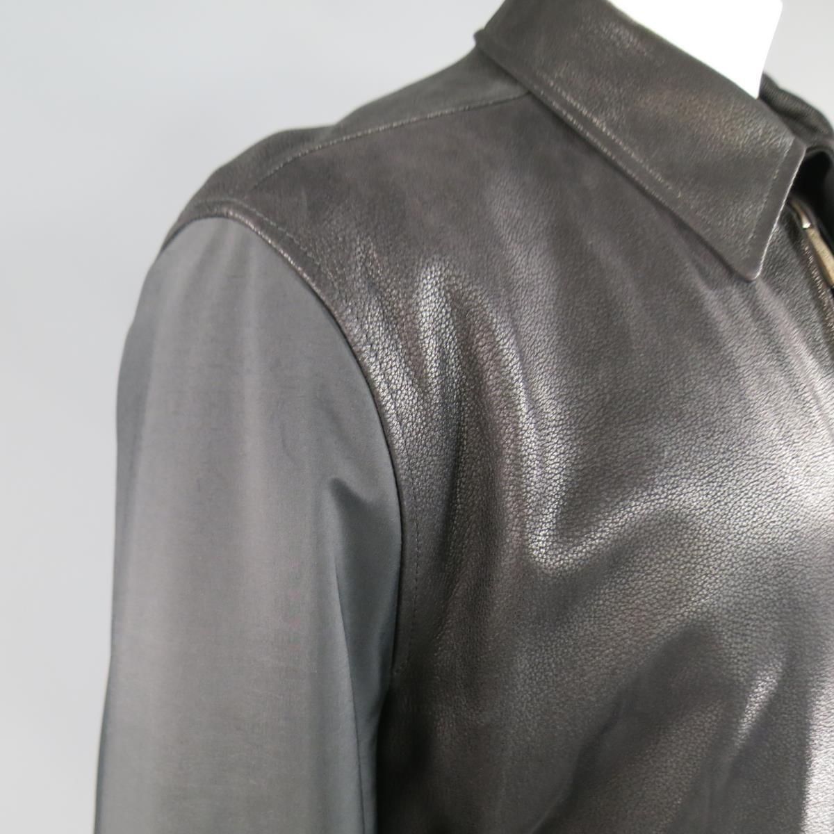 Men's ERMENEGILDO ZEGNA 42 Black Pebbled Leather & Nylon Collared Coat For Sale