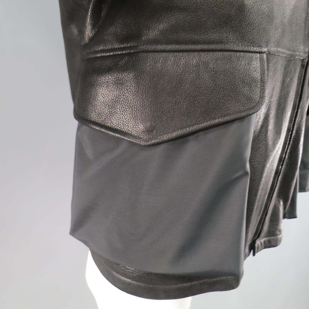 ERMENEGILDO ZEGNA 42 Black Pebbled Leather & Nylon Collared Coat For Sale 1