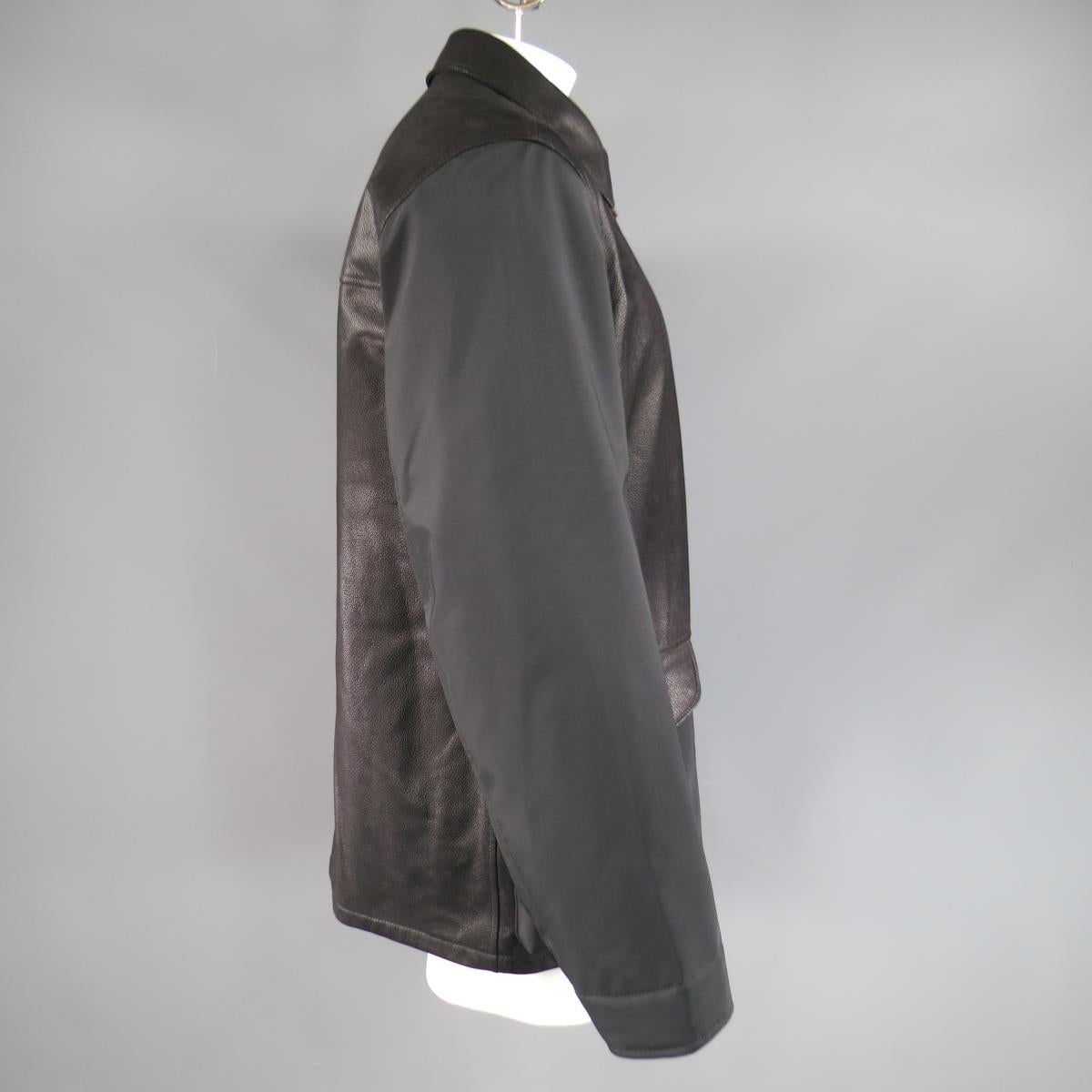 ERMENEGILDO ZEGNA 42 Black Pebbled Leather & Nylon Collared Coat For Sale 2