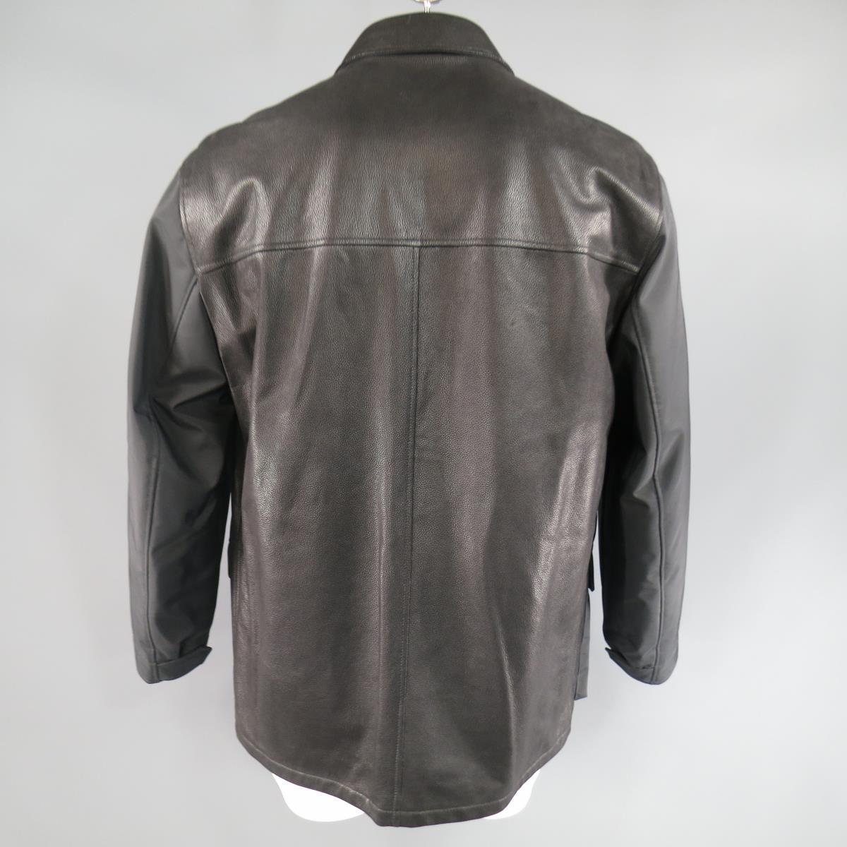 ERMENEGILDO ZEGNA 42 Black Pebbled Leather & Nylon Collared Coat For Sale 3