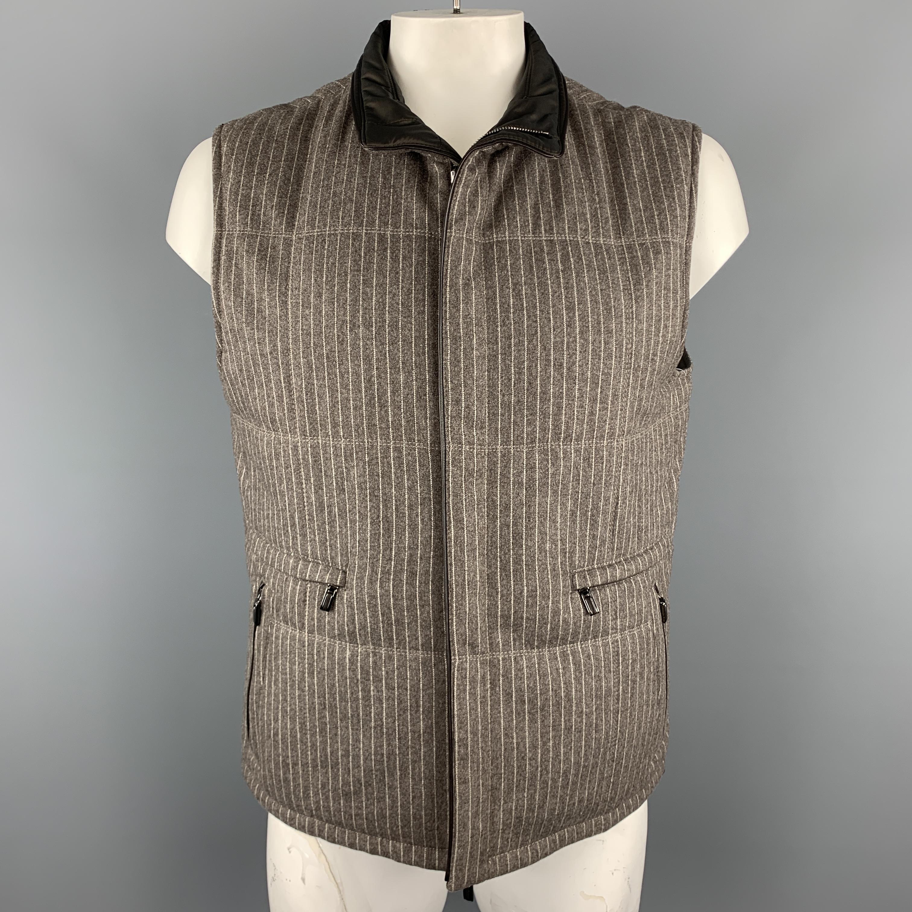 Men's ERMENEGILDO ZEGNA 52 Taupe Pinstripe Leather Trimmed Reversible Vest 