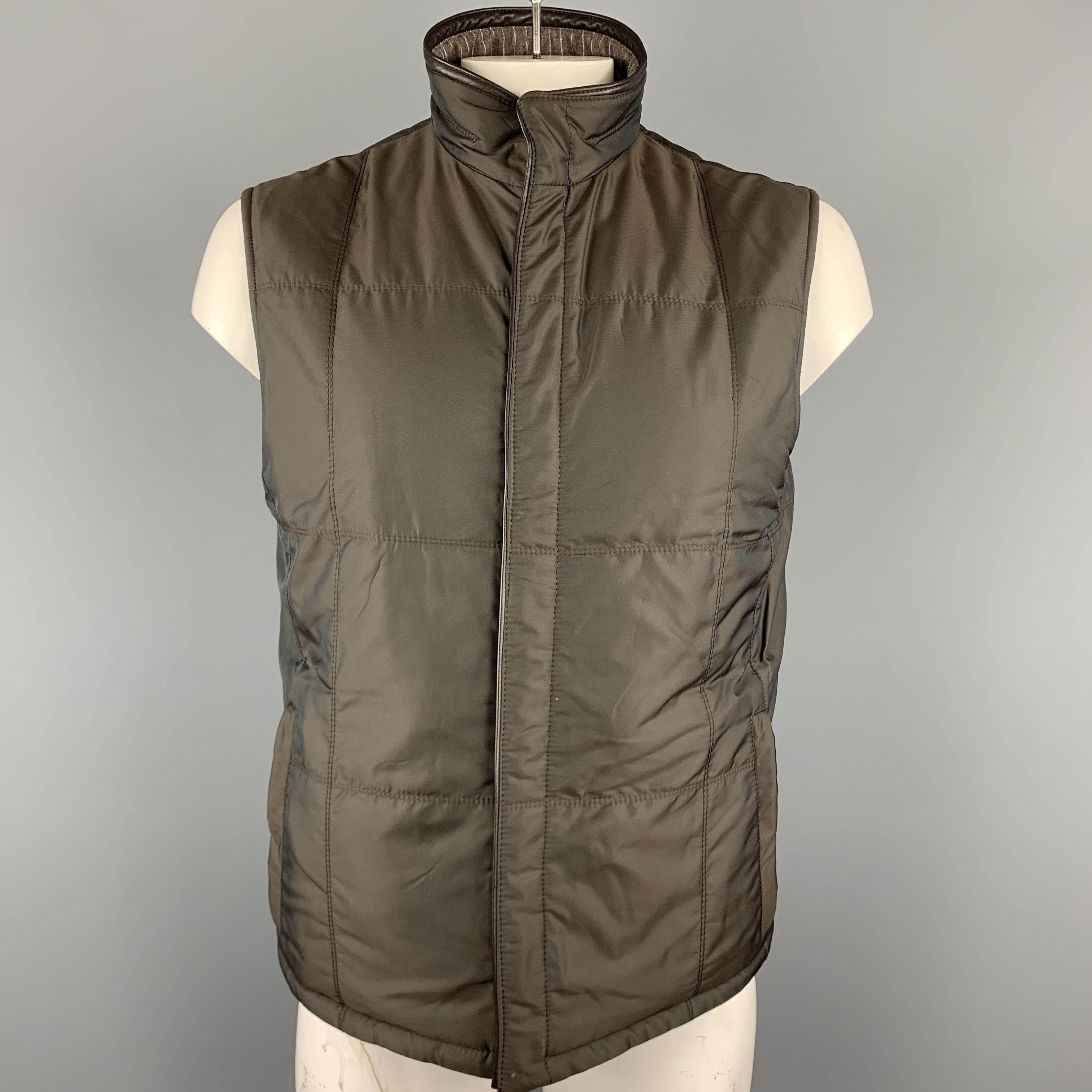ERMENEGILDO ZEGNA 52 Taupe Pinstripe Leather Trimmed Reversible Vest  1