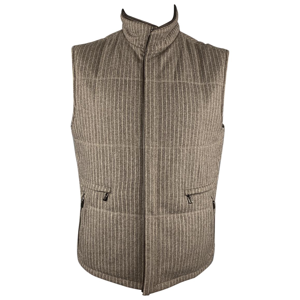 ERMENEGILDO ZEGNA 52 Taupe Pinstripe Leather Trimmed Reversible Vest 