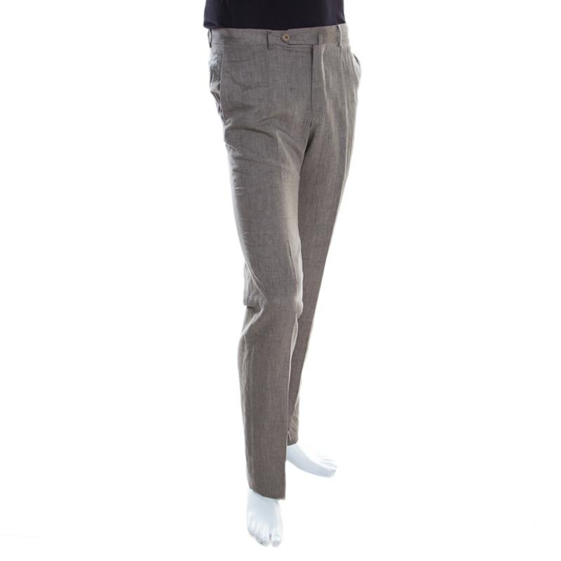 Ermenegildo Zegna Beige Linen Silk Slim Fit Trousers S In Excellent Condition In Dubai, Al Qouz 2