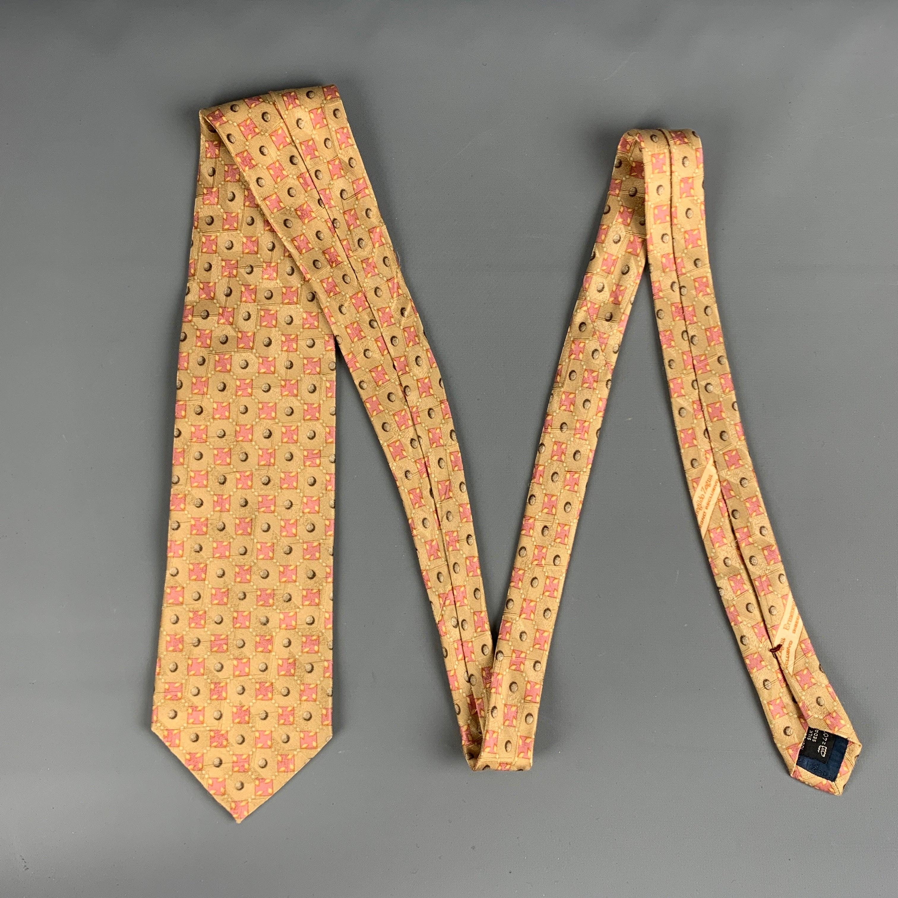 ERMENEGILDO ZEGNA Beige Pink Squares Silk Tie In Good Condition For Sale In San Francisco, CA