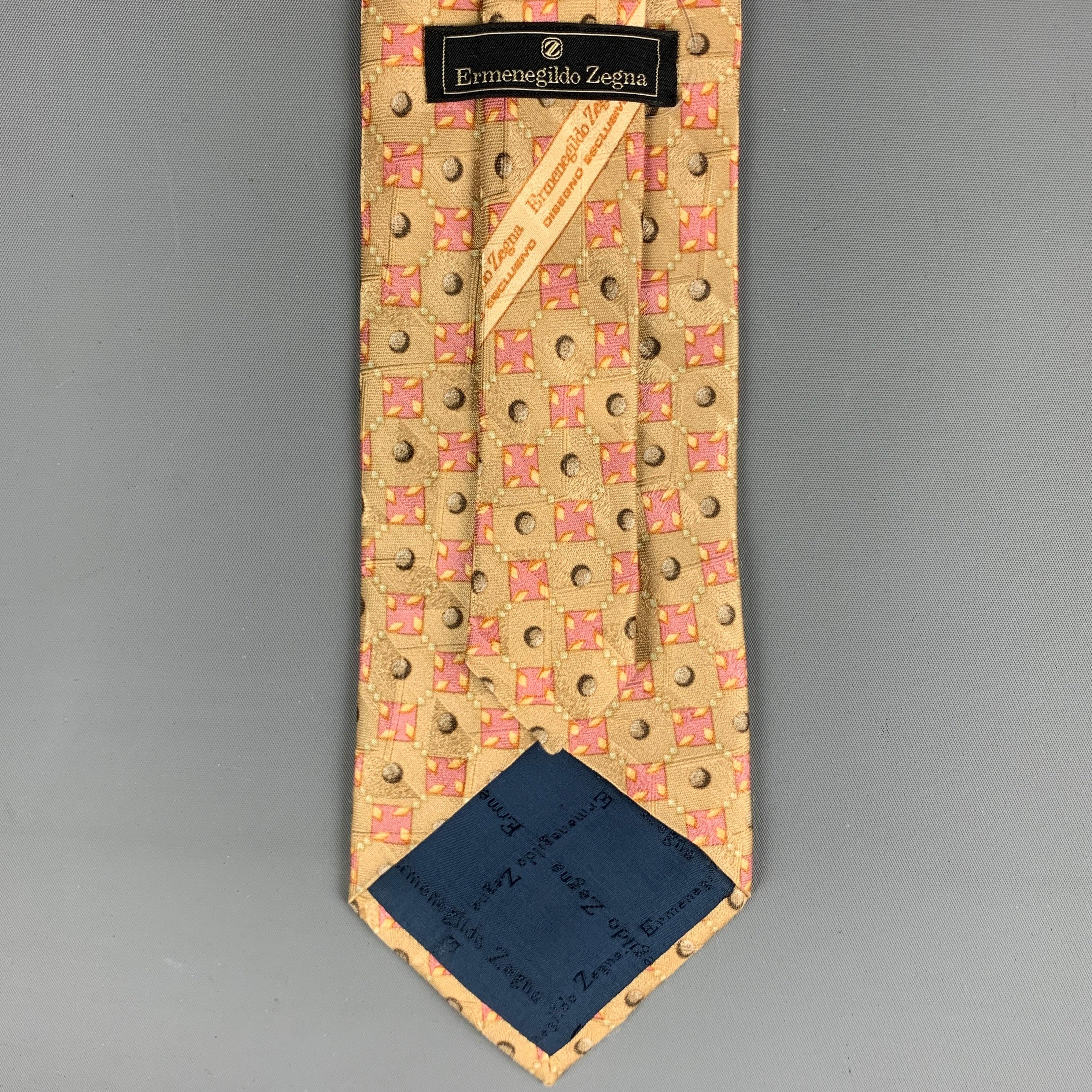 ERMENEGILDO ZEGNA Beige Pink Squares Silk Tie In Good Condition For Sale In San Francisco, CA